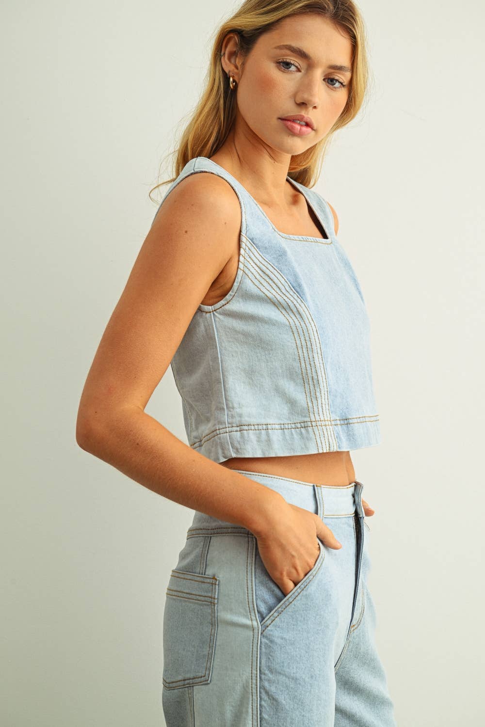 Denim Color Blocked Top: