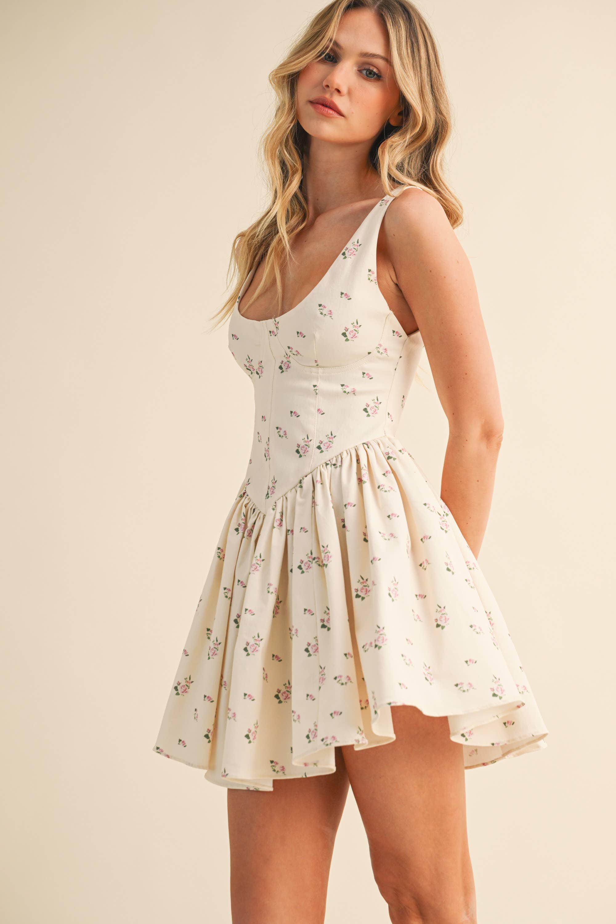 Bustier Flare Mini Dress: Cream