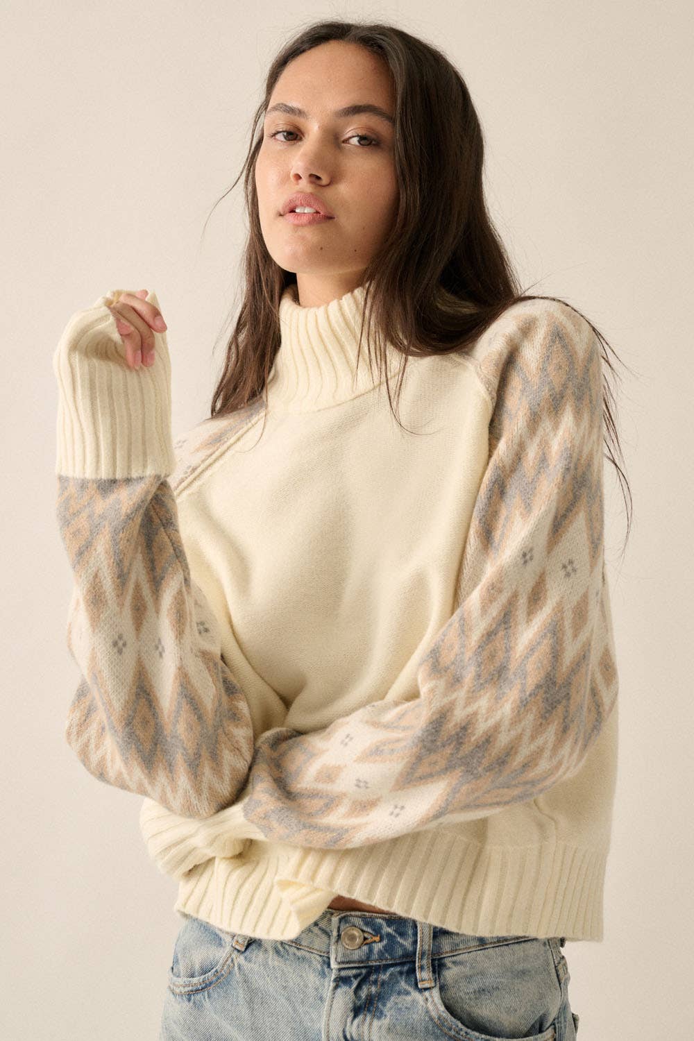 Knit Geo-Print Sweater: Cream