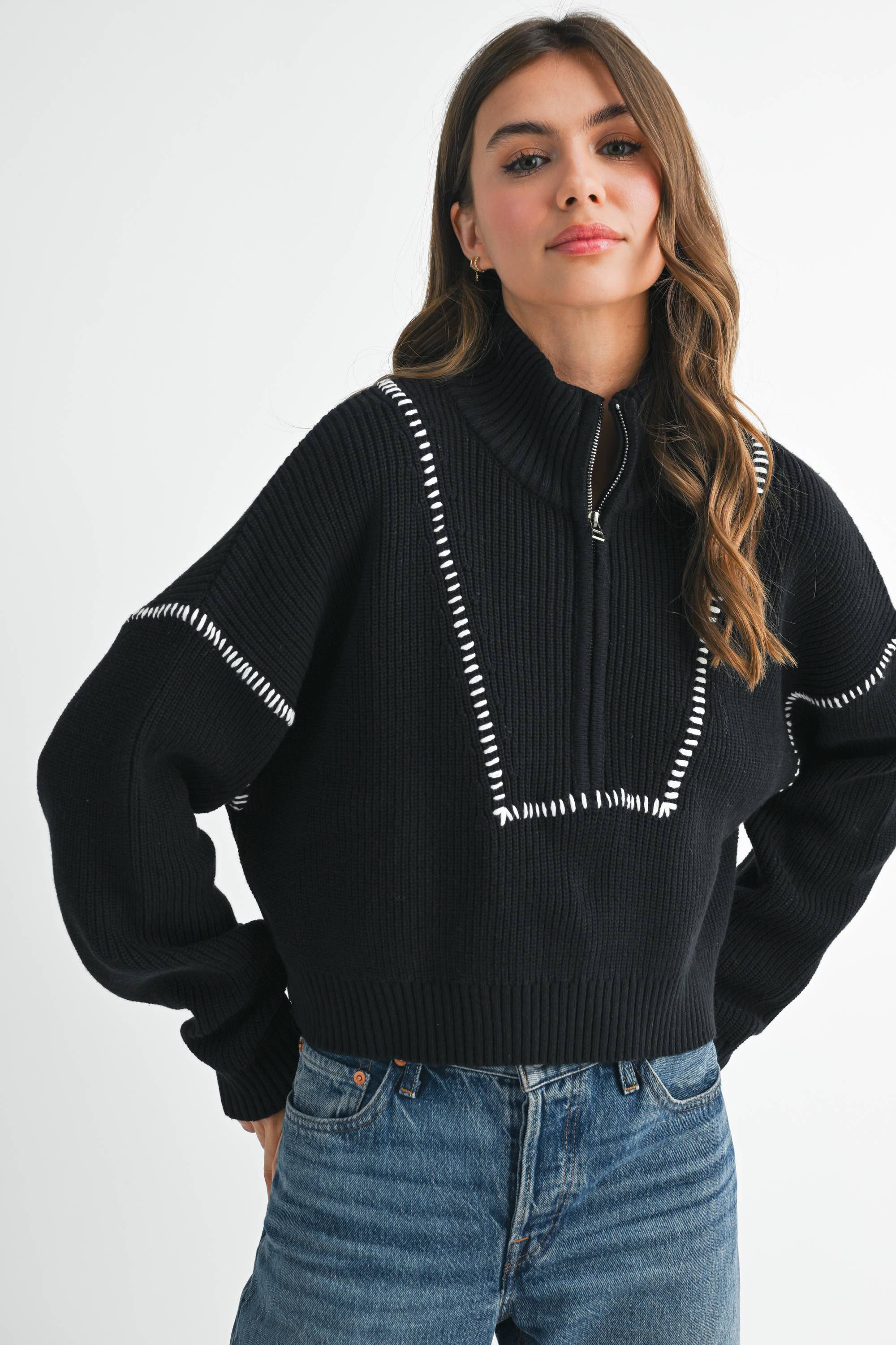 Contrast Stitch Sweater: Black