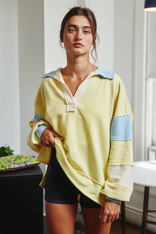 Color-block Collared Top: Yellow