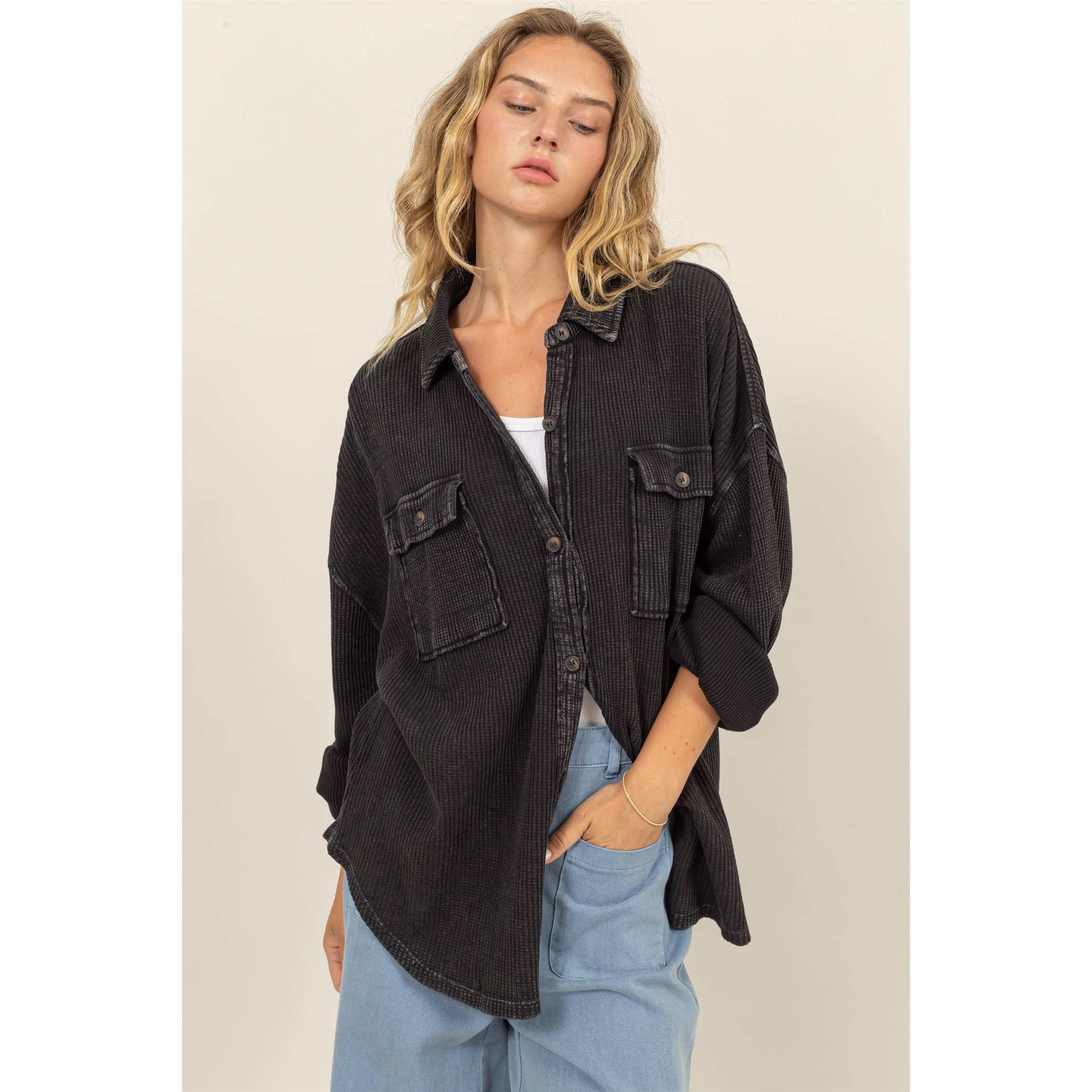 Waffle Shacket: Gray Blue