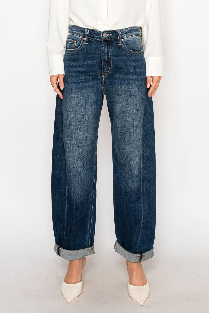 High Rise Dark Barrel Jeans: