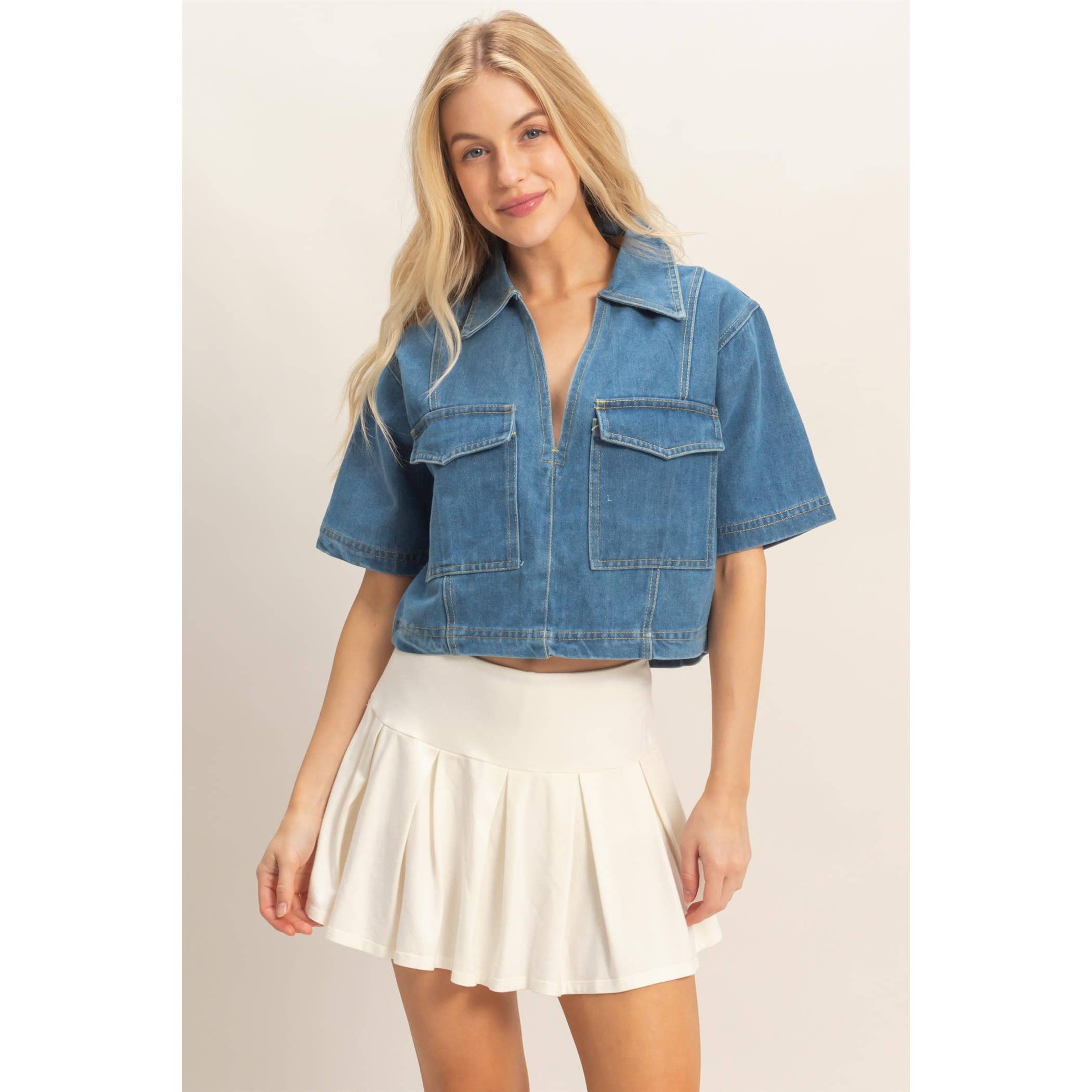 Denim V-Neck Cropped Top: