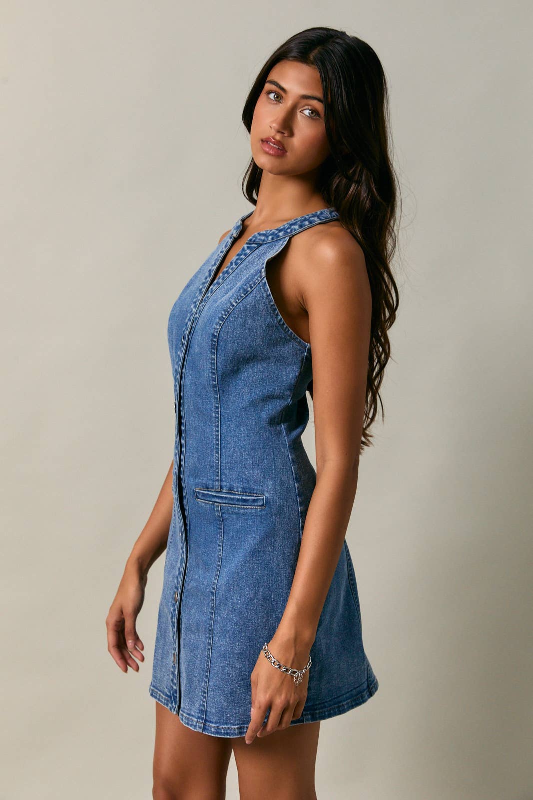 Halter Neck Denim Mini Dress: