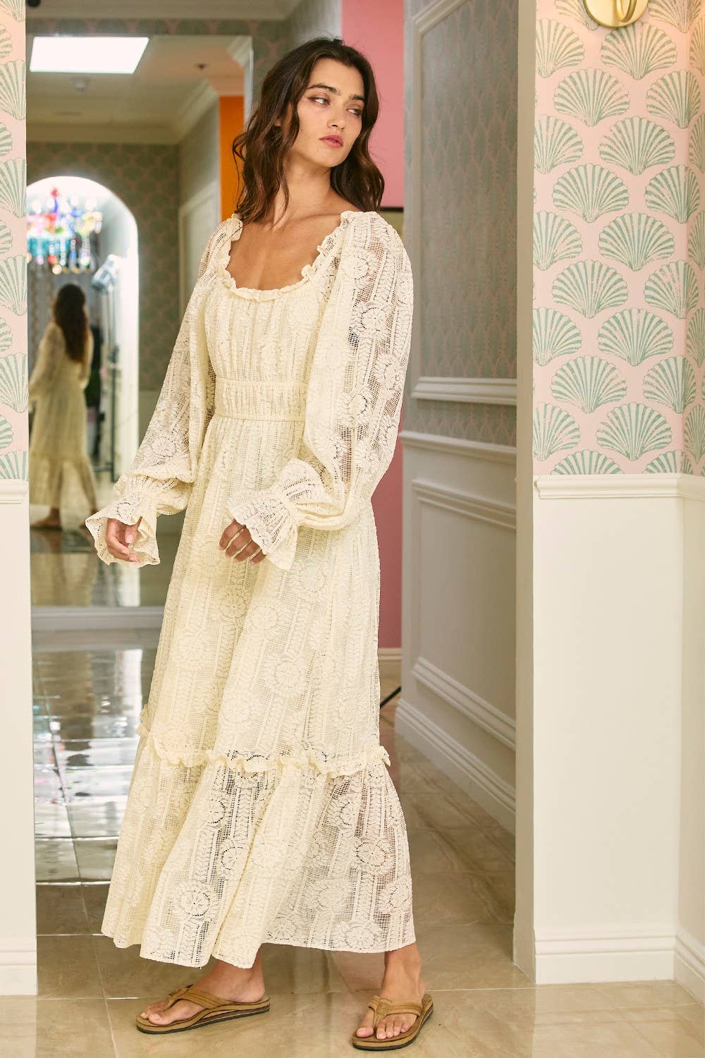 Cascading Lace Maxi Dress: Cream