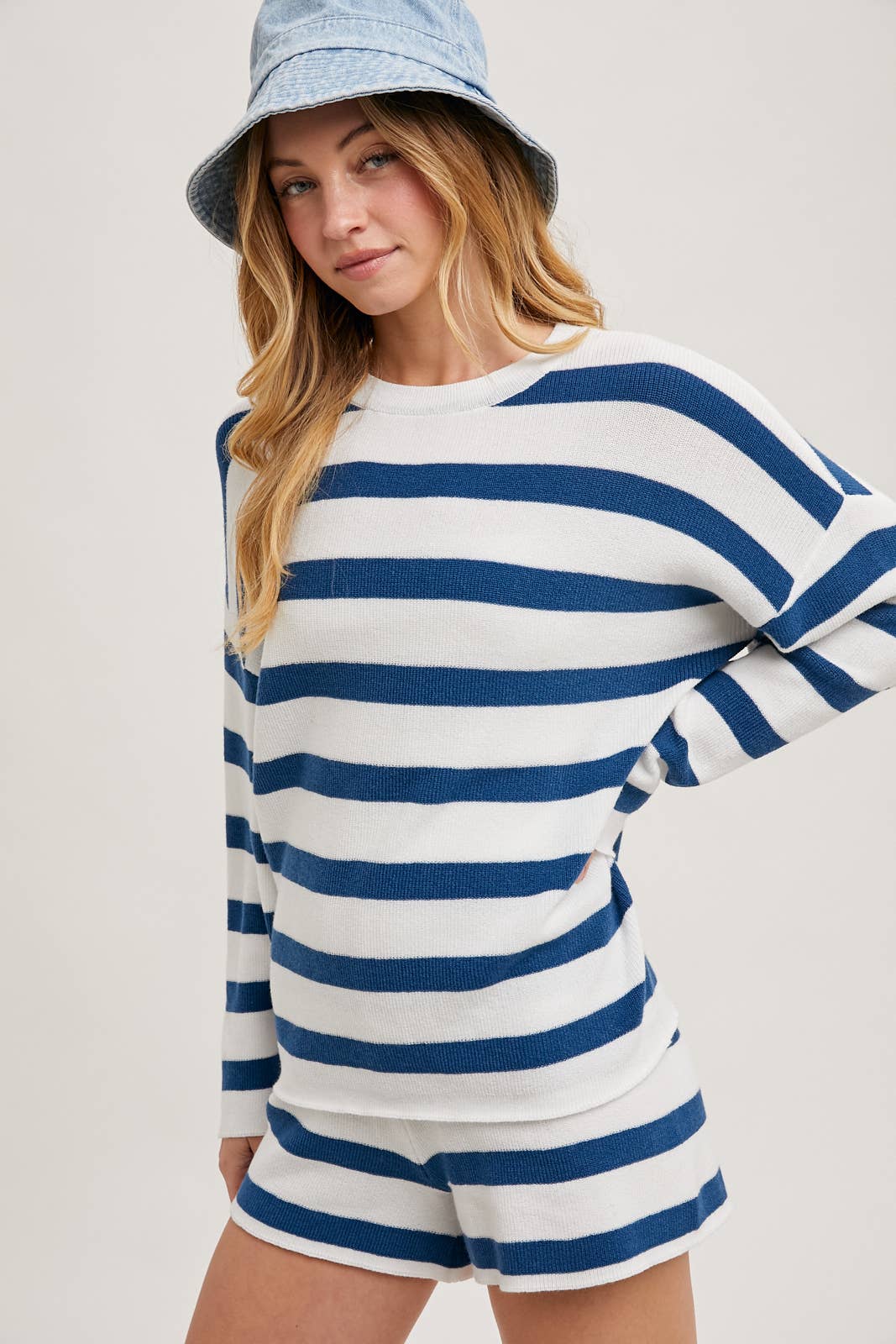 Striped Knit Pullover Set: Blue