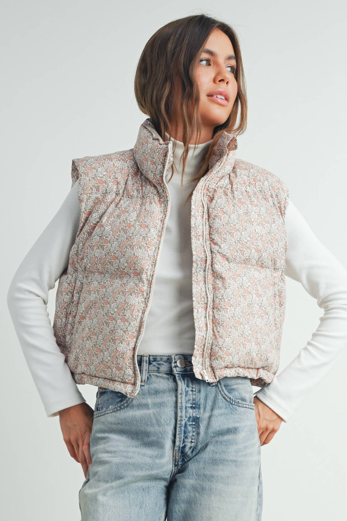 Floral Puffer Vest:Blush