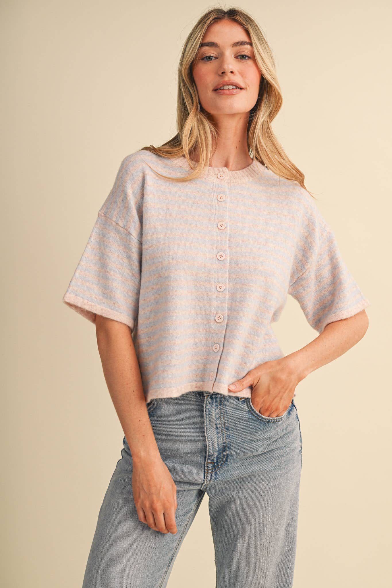 Striped Short Sleeve Sweater: Pink