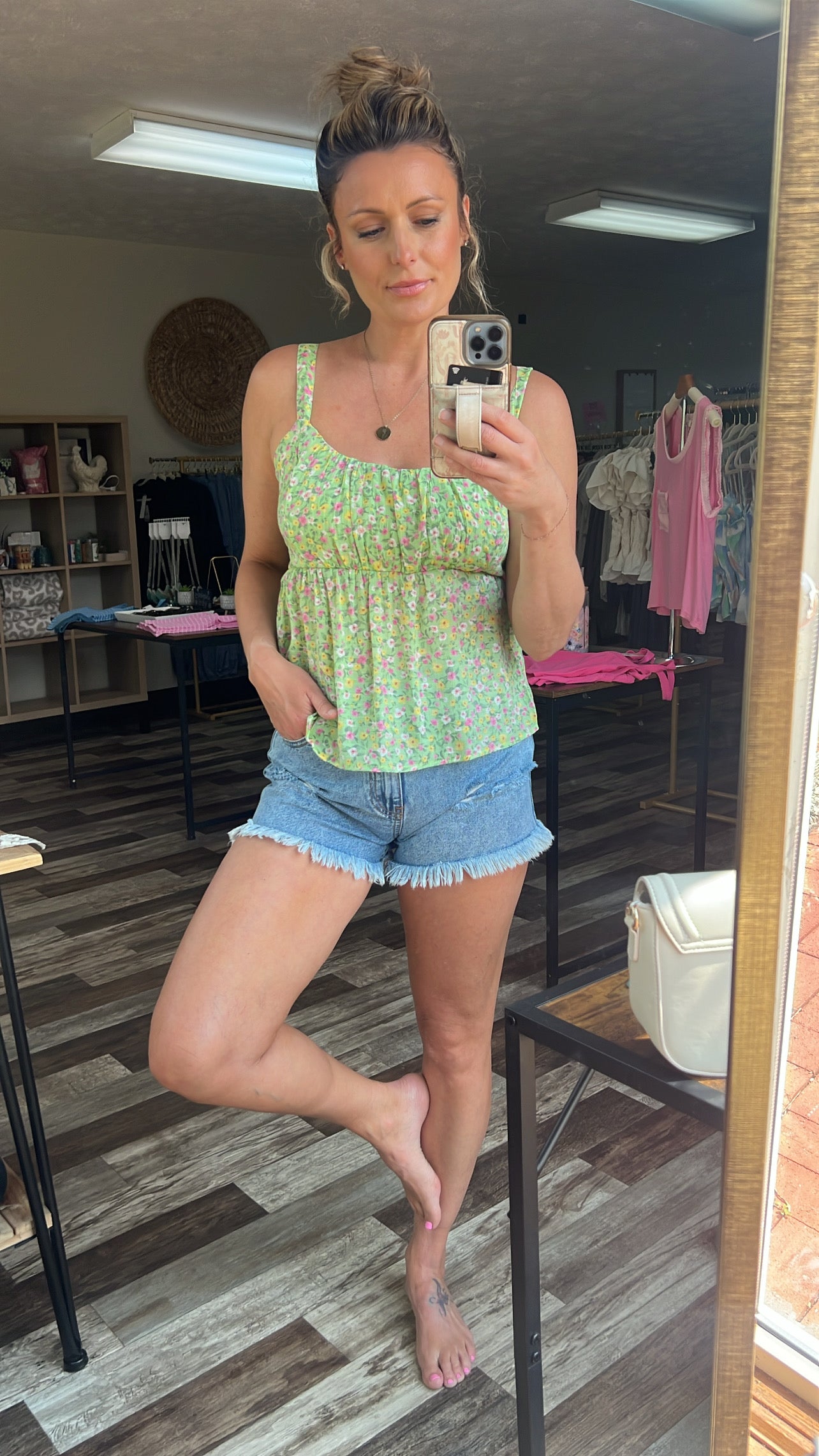 BABYDOLL TANK TOP: GREEN MULTI