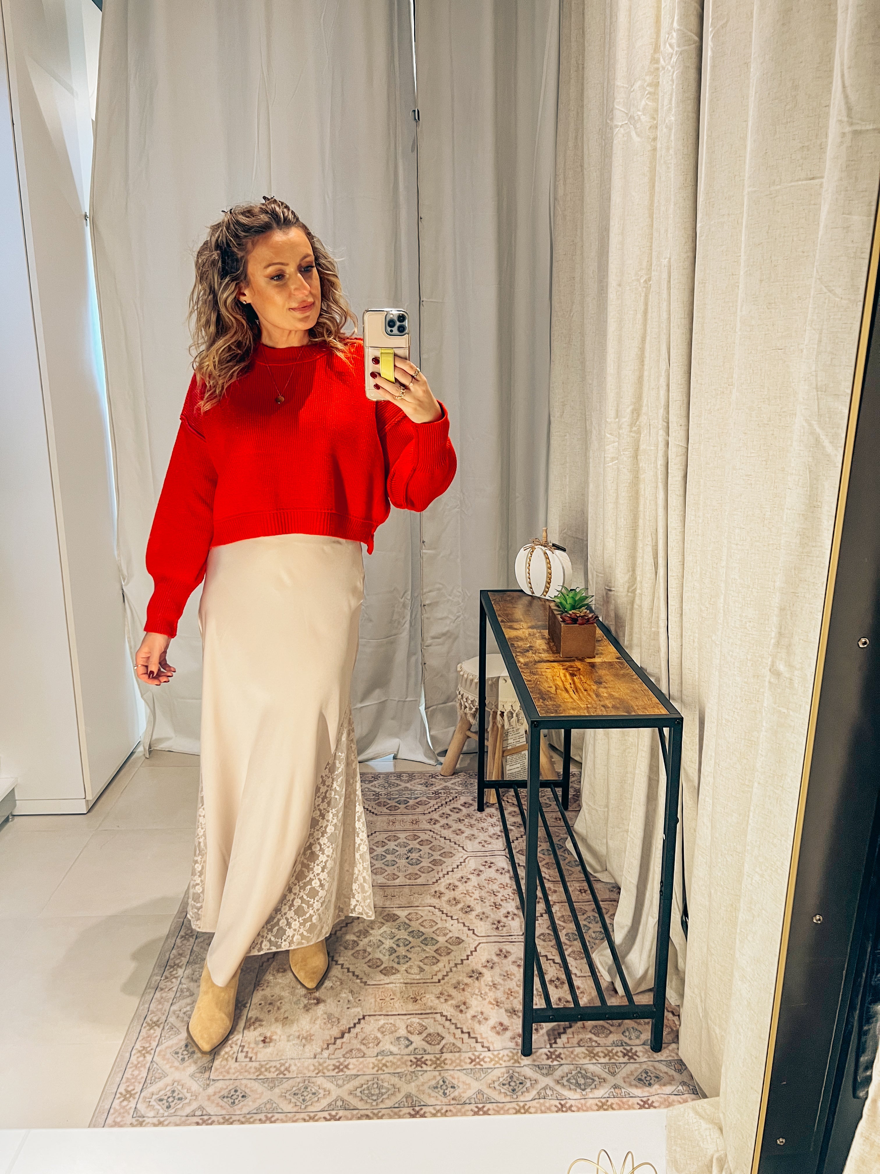 Lace Satin Midi Skirt: Pearl