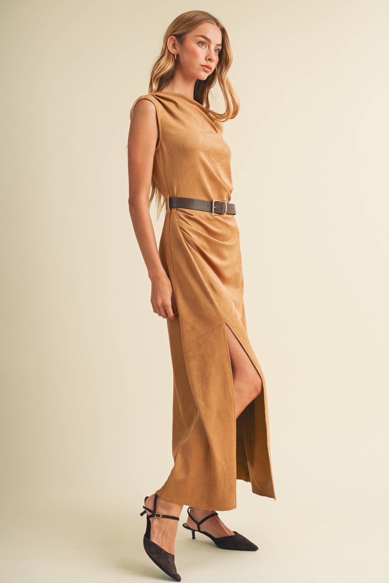Sueded Asymmetric Dress: Camel