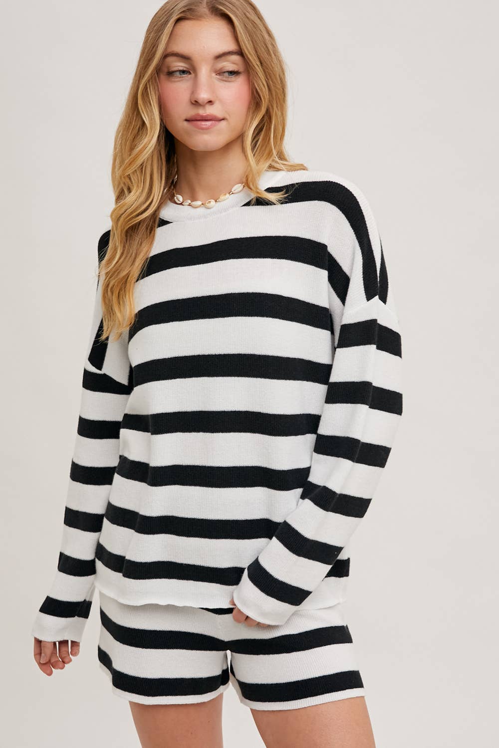 Striped Knit Pullover Set: Blue