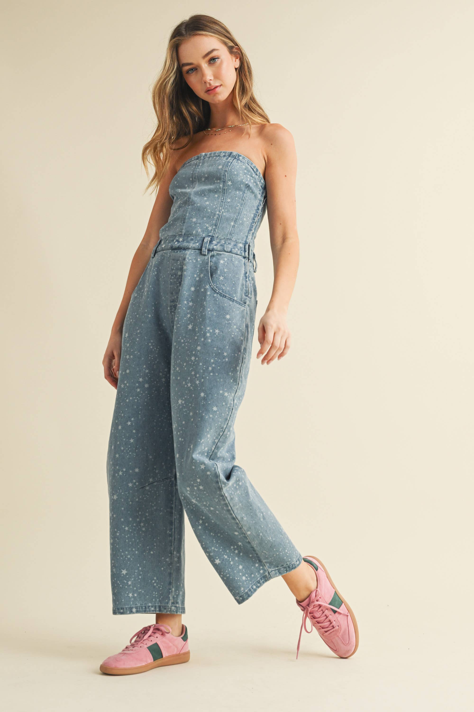 Star Print Barrel Jumpsuit: Denim