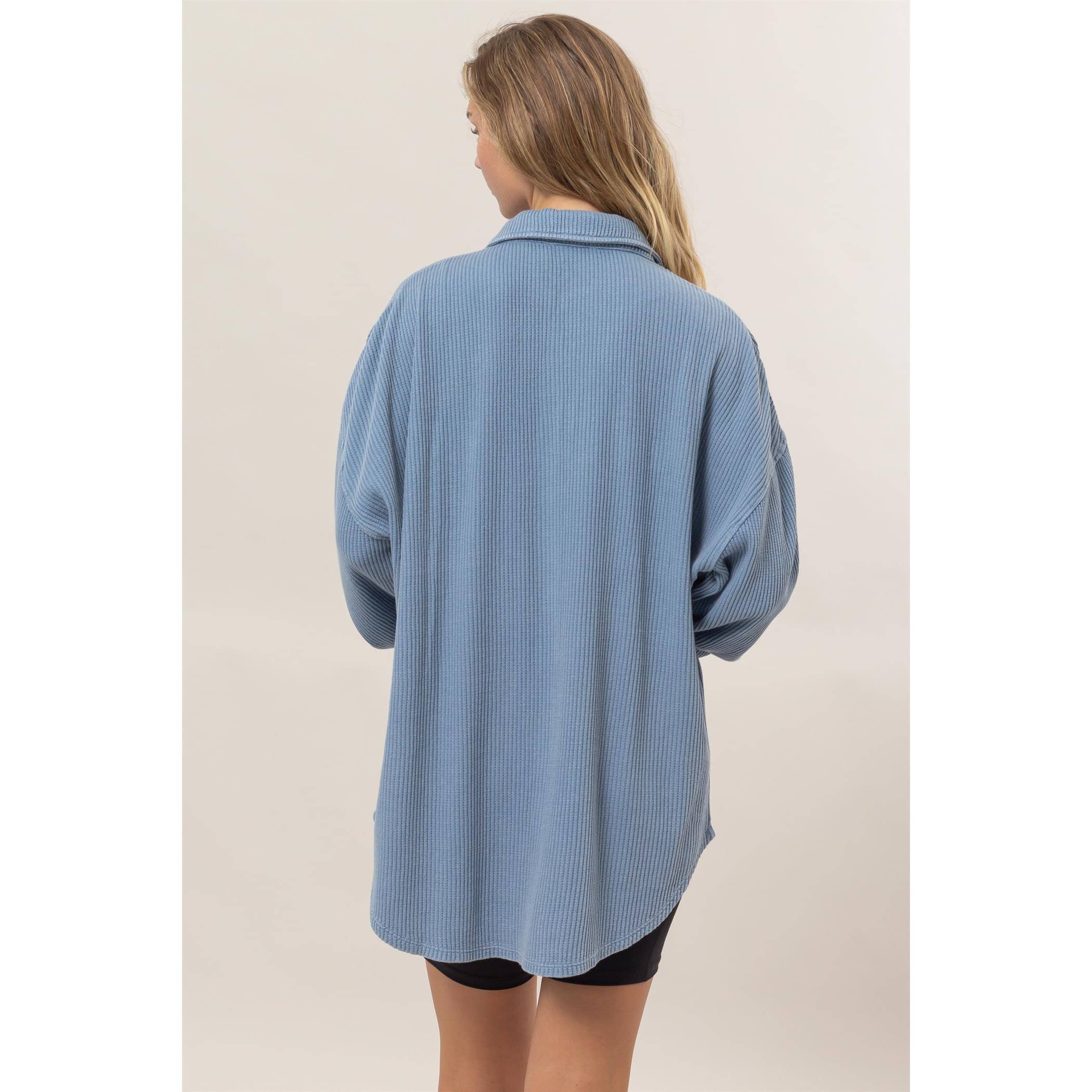 Waffle Shacket: Gray Blue