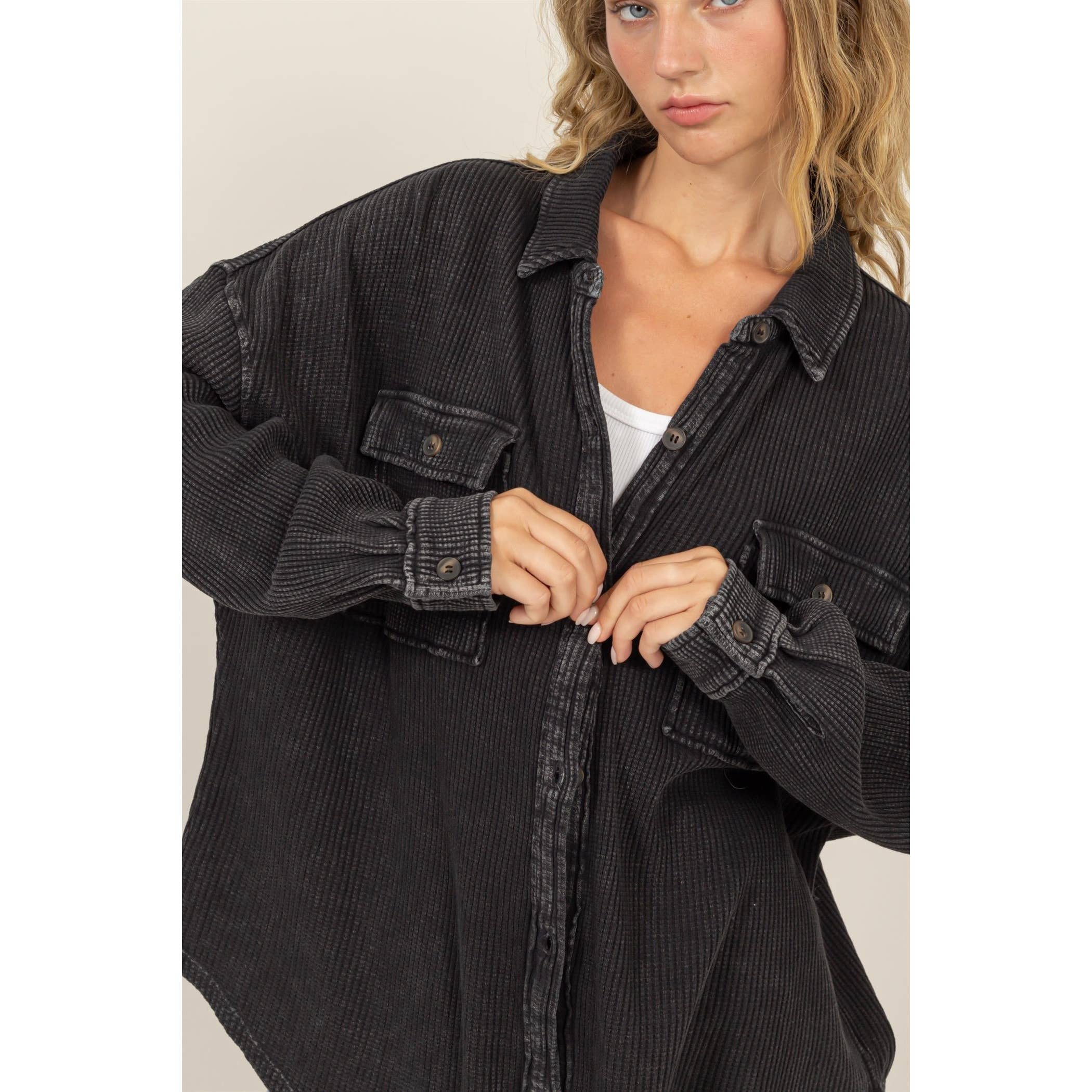 Waffle Shacket: Gray Blue