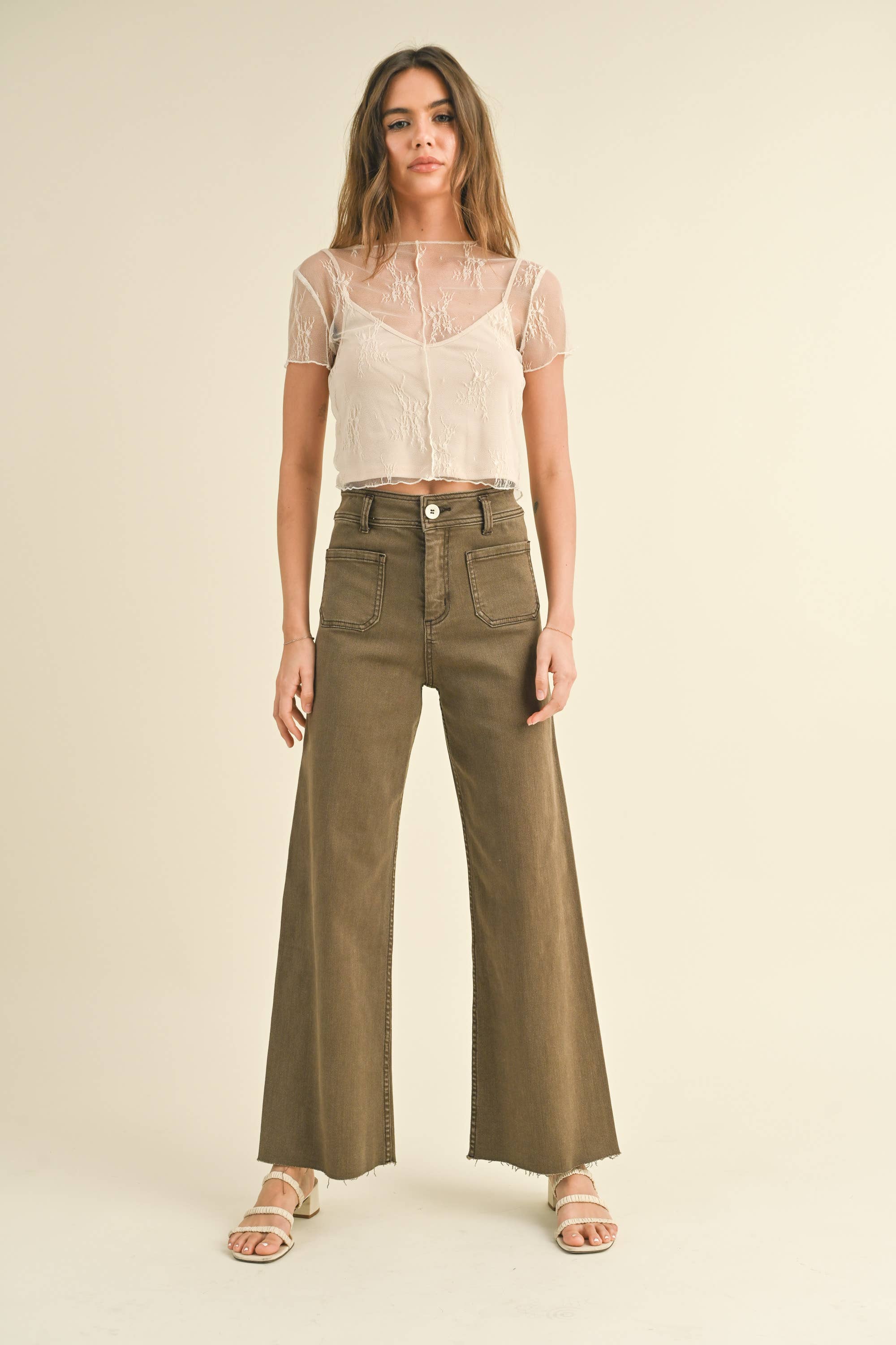 Wide Leg Pants W/Front Pocket: Brown