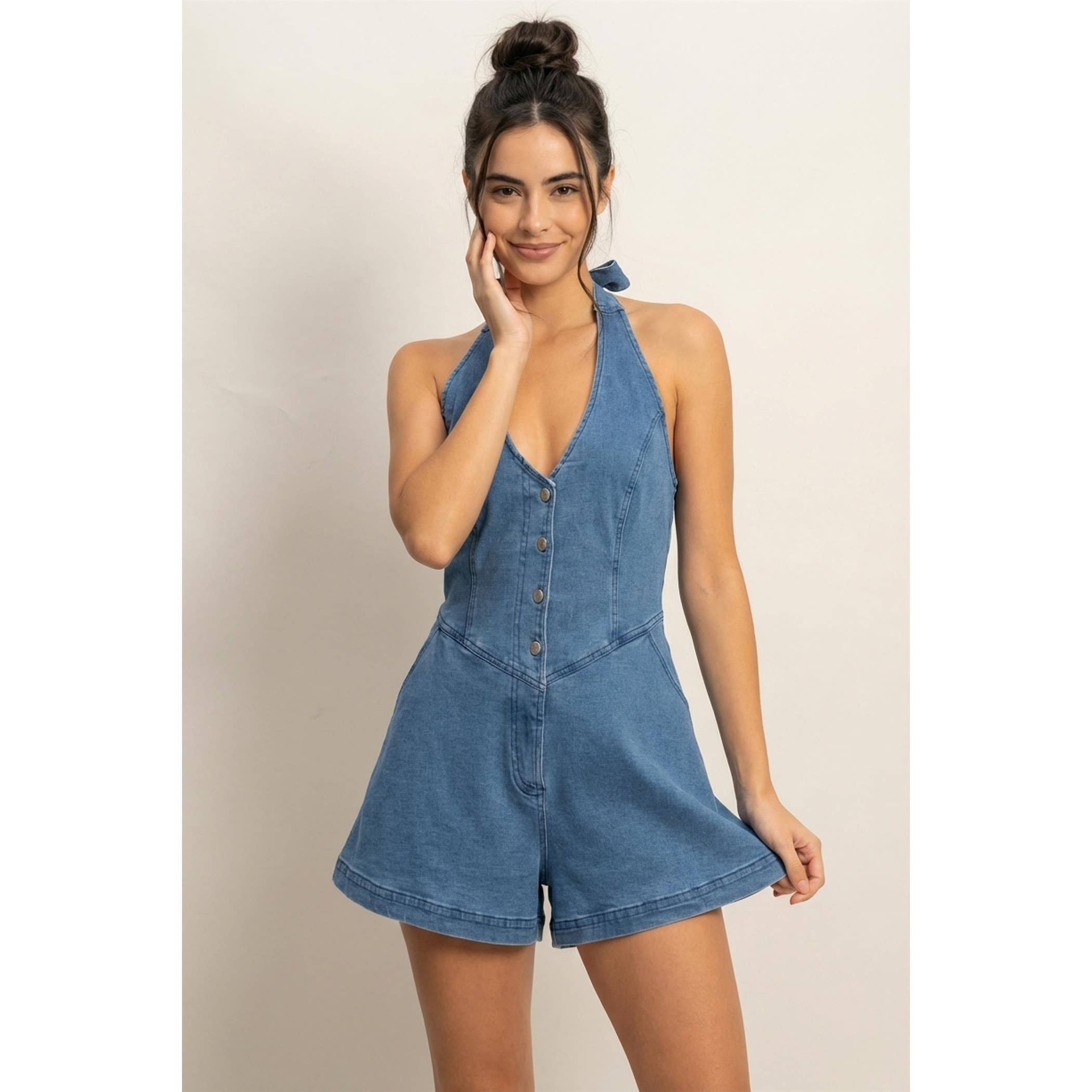 Denim Halter Romper: Med. Blue