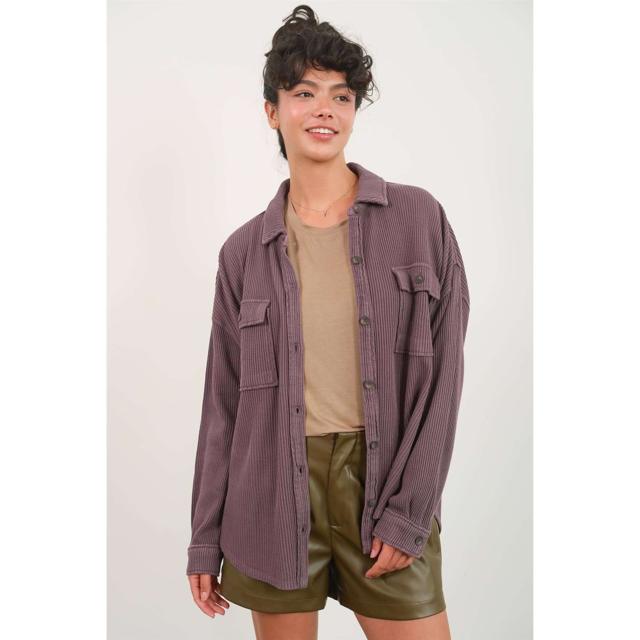 Waffle Shacket: Gray Blue