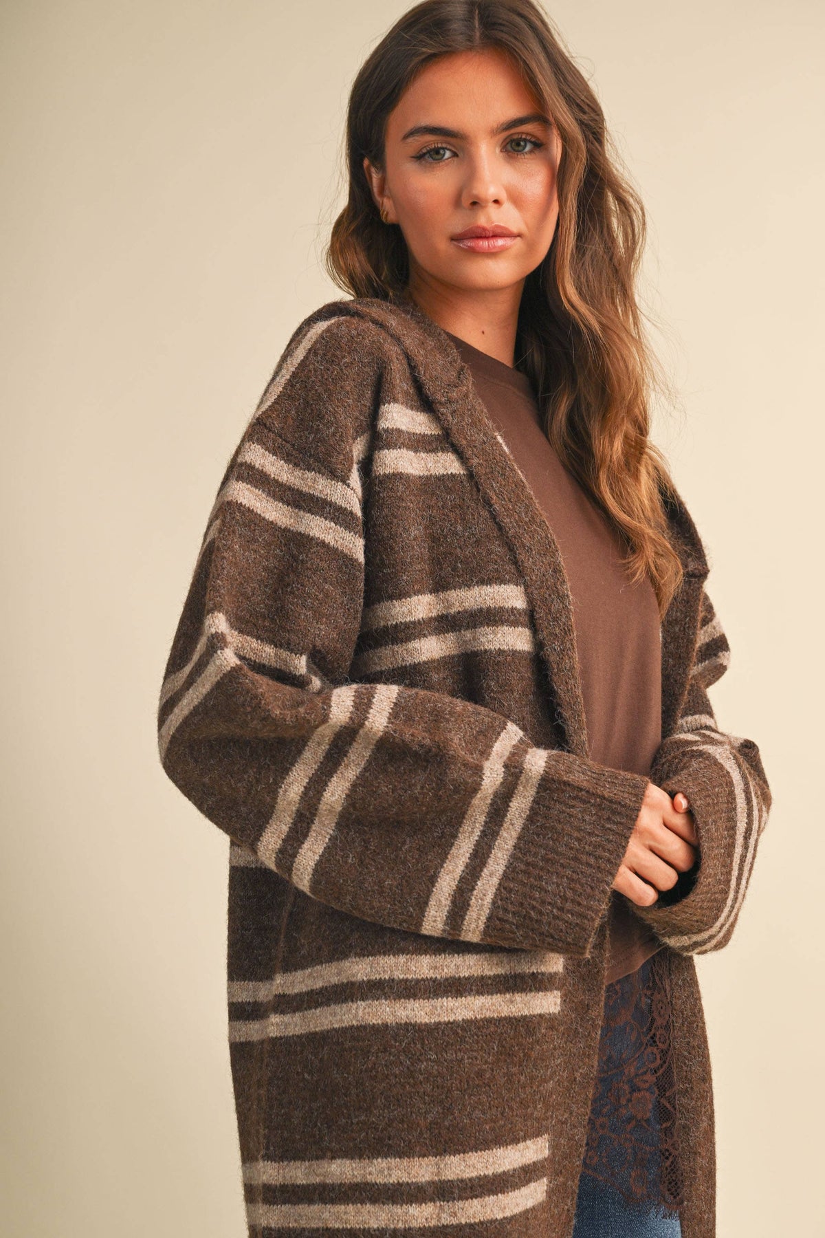 Striped Long Sweater Cardigan: Brown