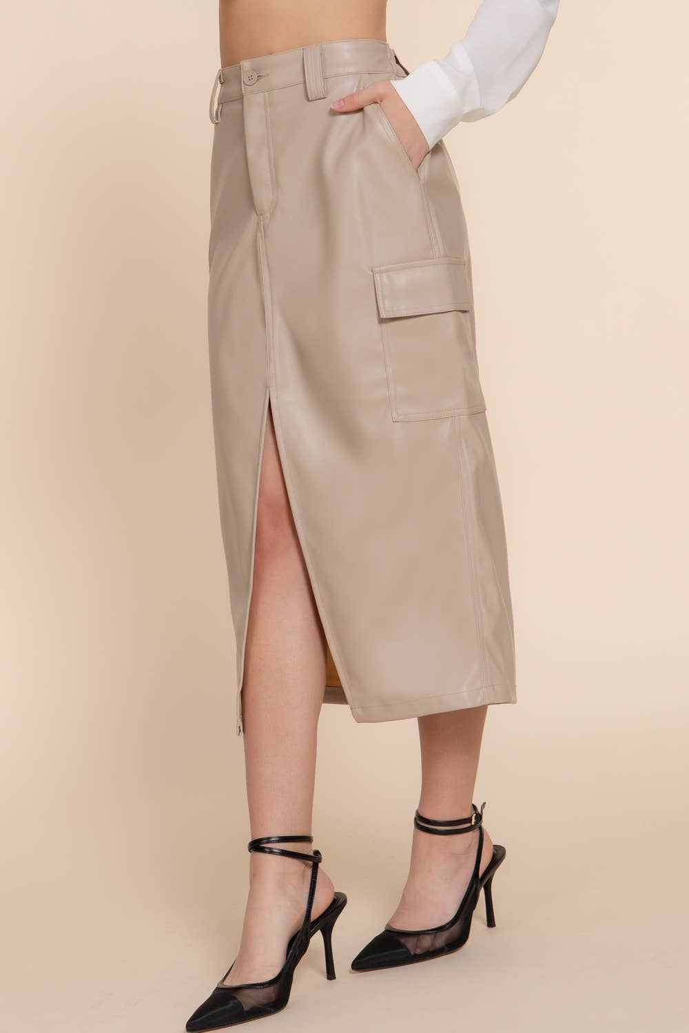 Faux Leather Cargo Skirt: Dk. Beige