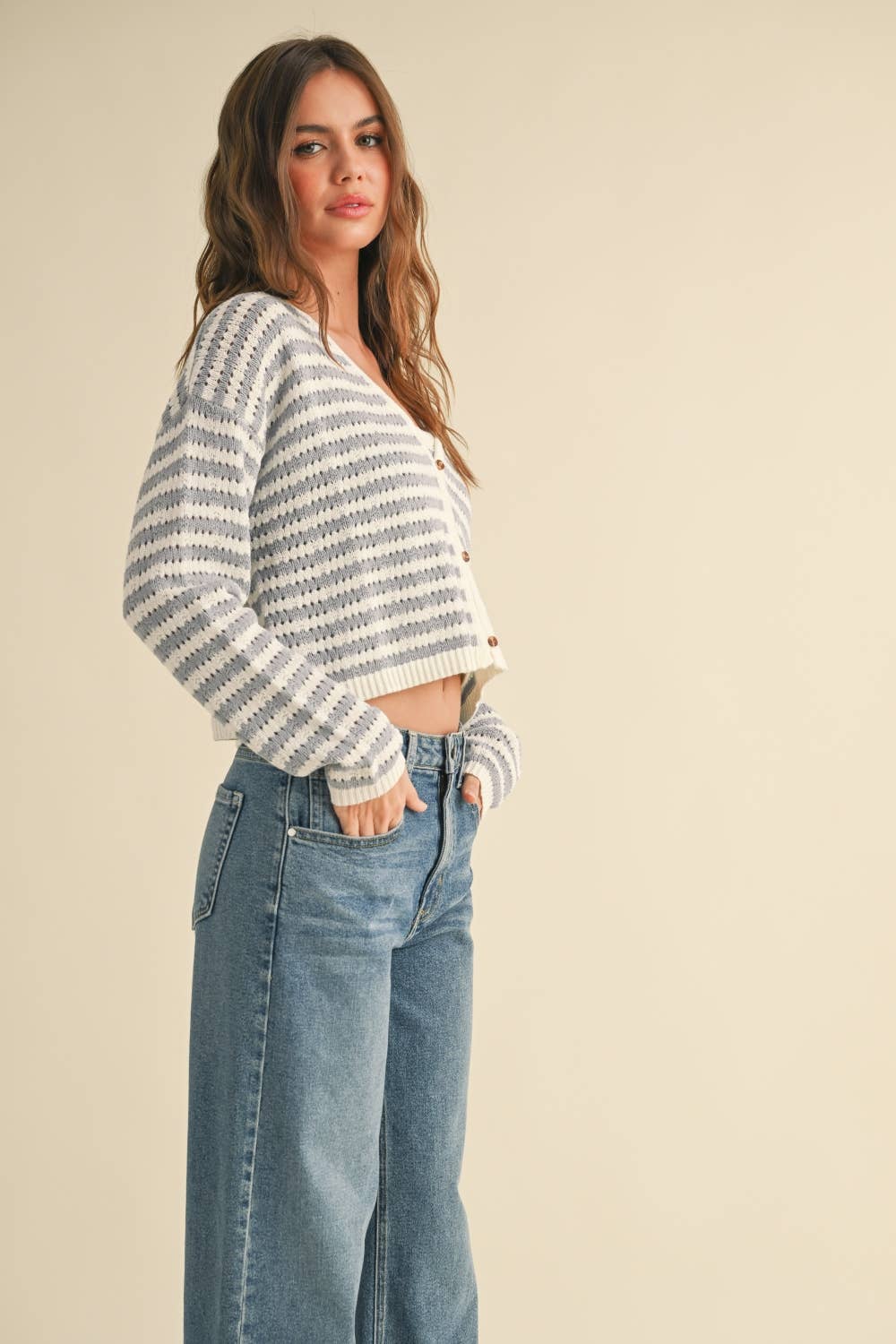 Crochet Knitted Cardigan: Blue/White