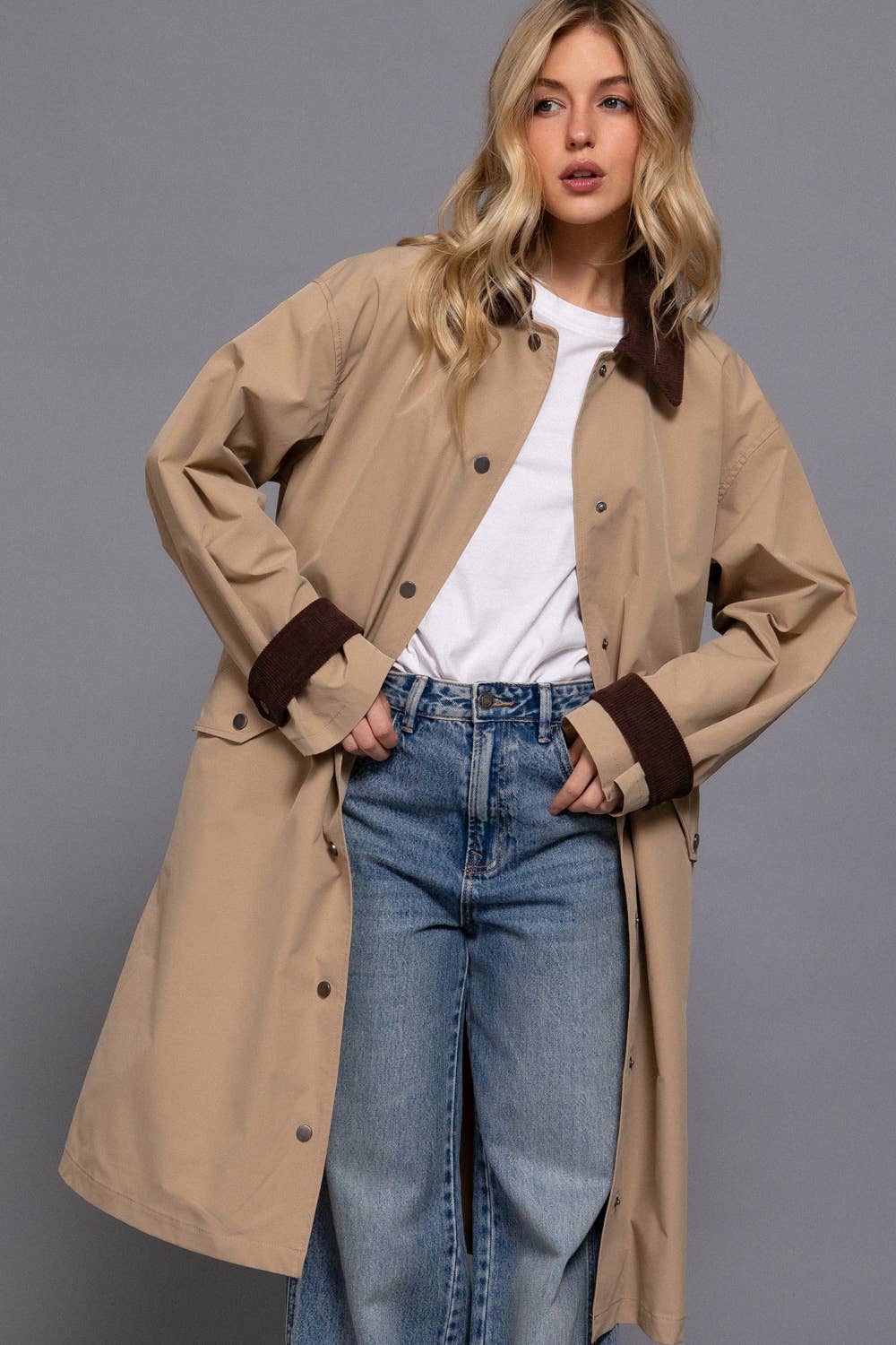 Contrast Collar Trench Coat: Khaki