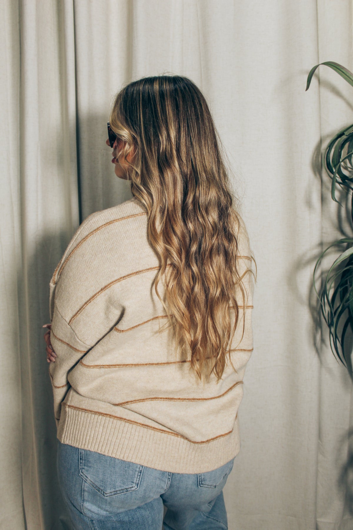 Striped Drop Shoulder Sweater: Taupe