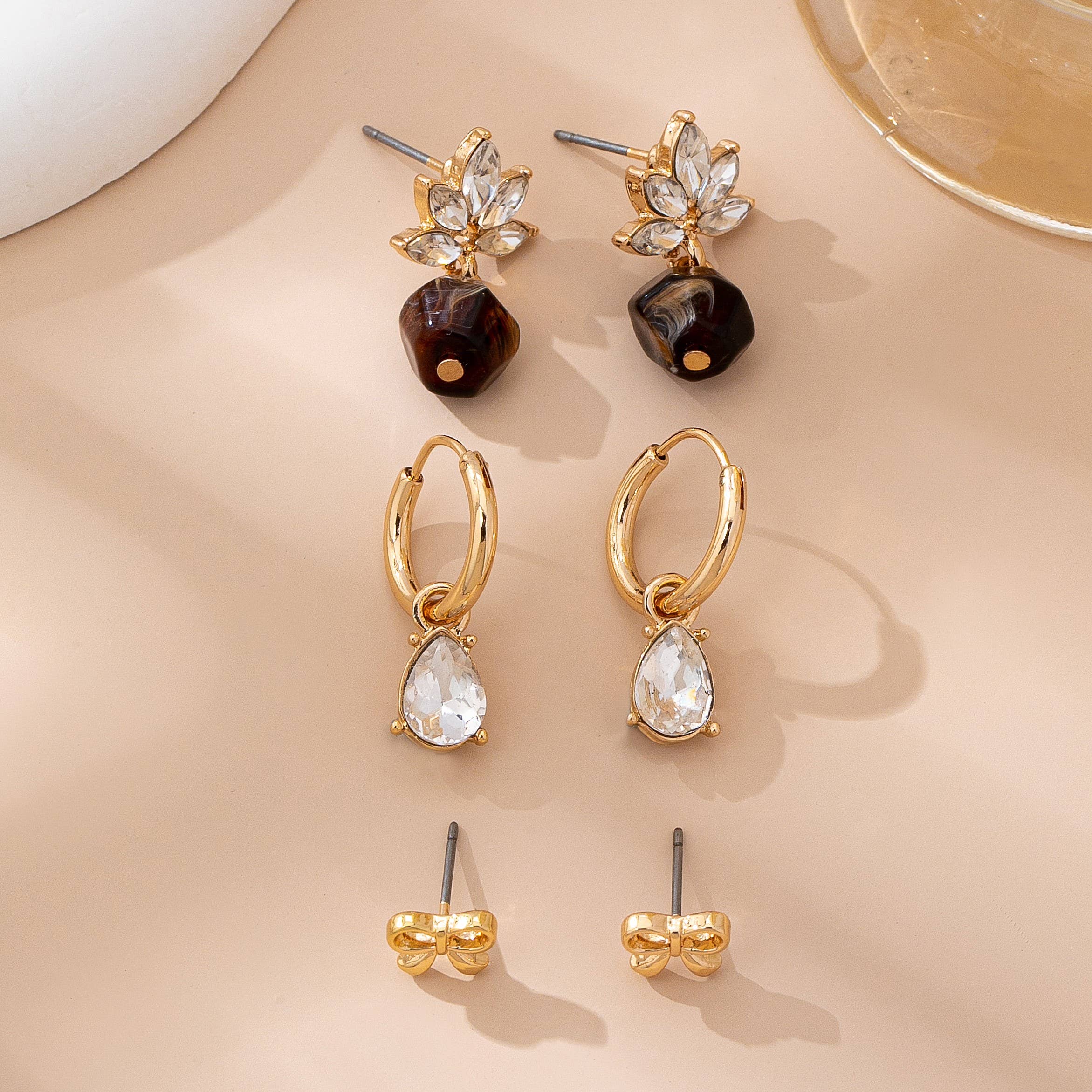 Trio Floral & Drop Earring Set: Gold