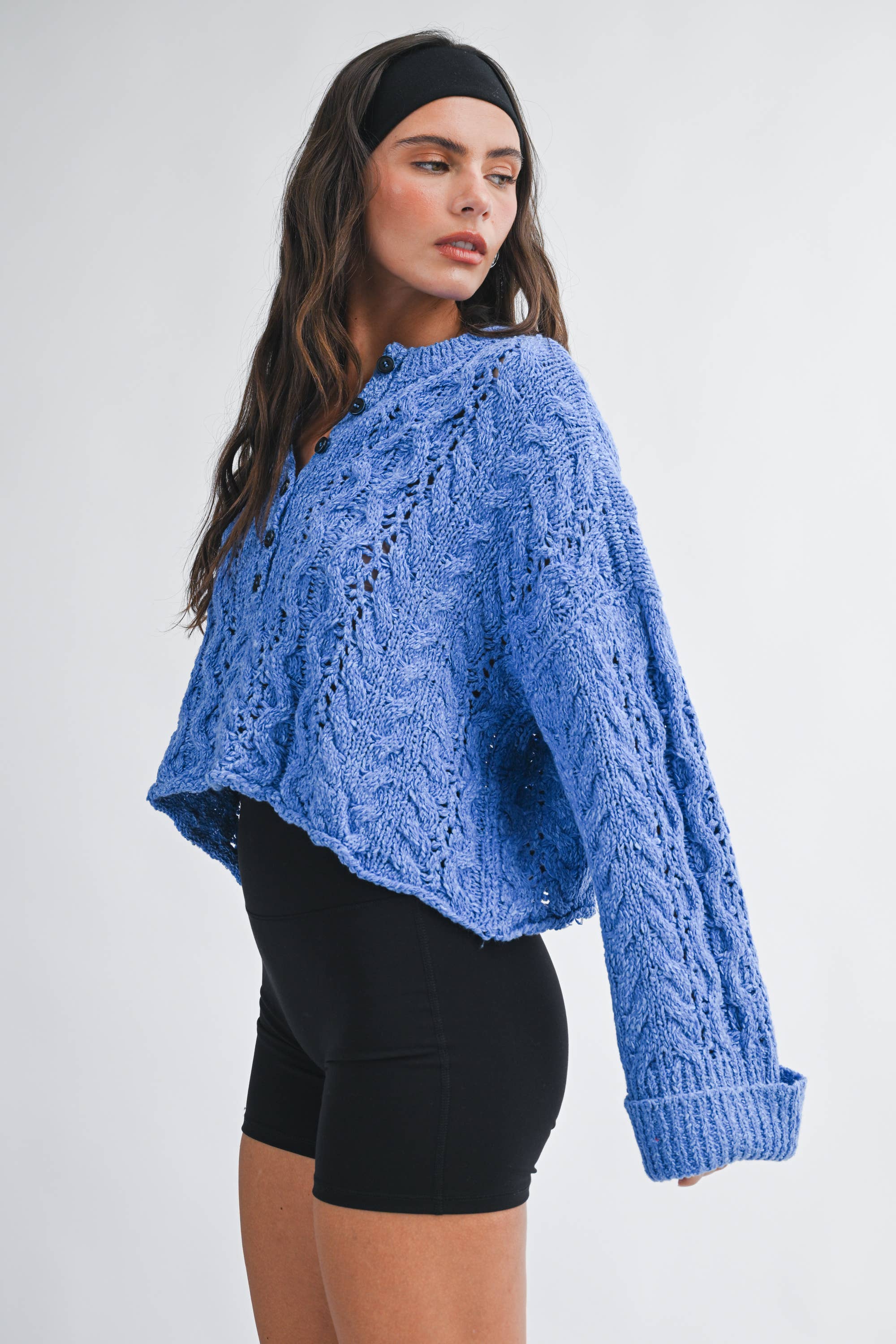 Textured Henley Knit Sweater: Blue
