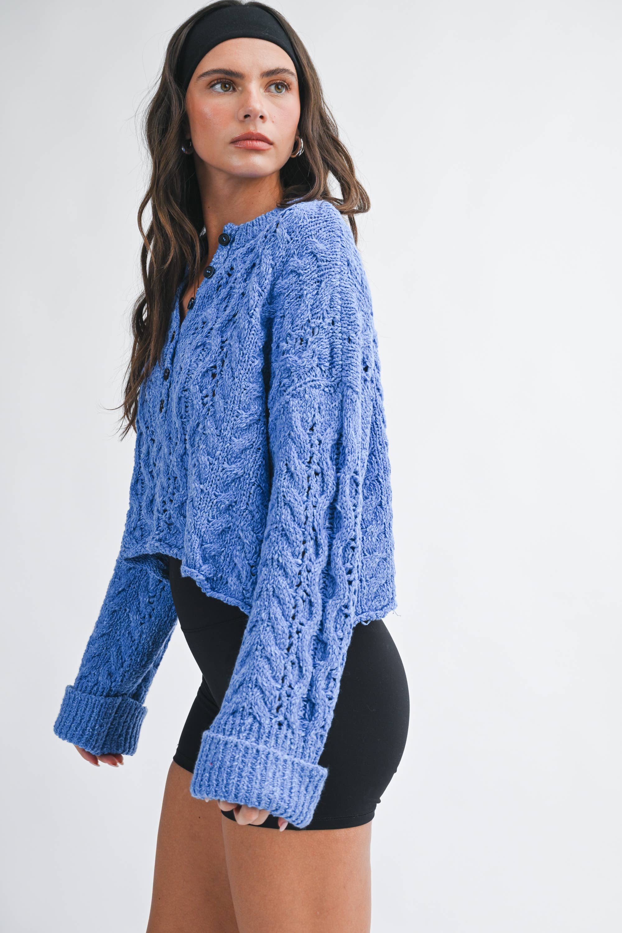 Textured Henley Knit Sweater: Blue