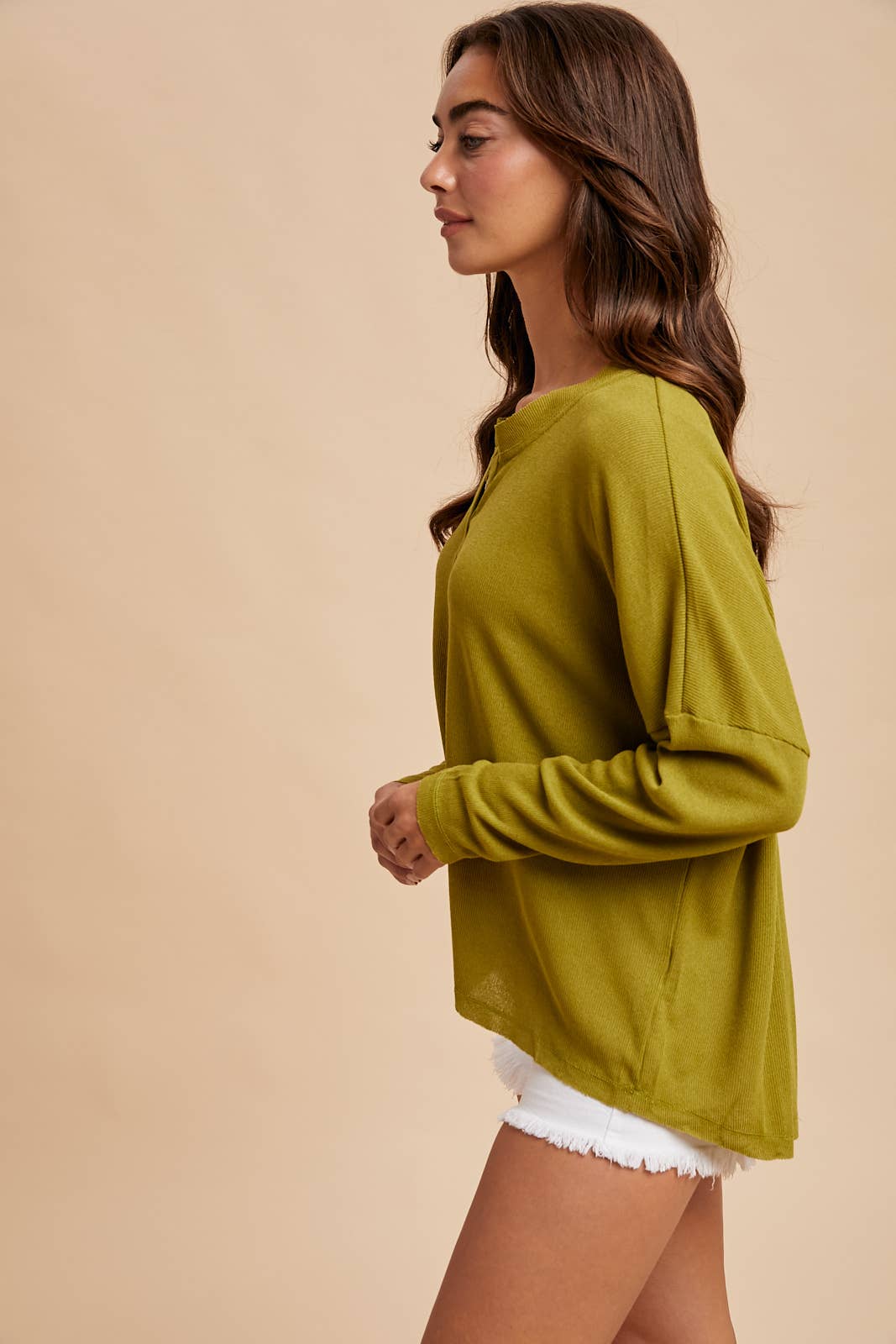 Raw Edge Henley Top: Olive Citron