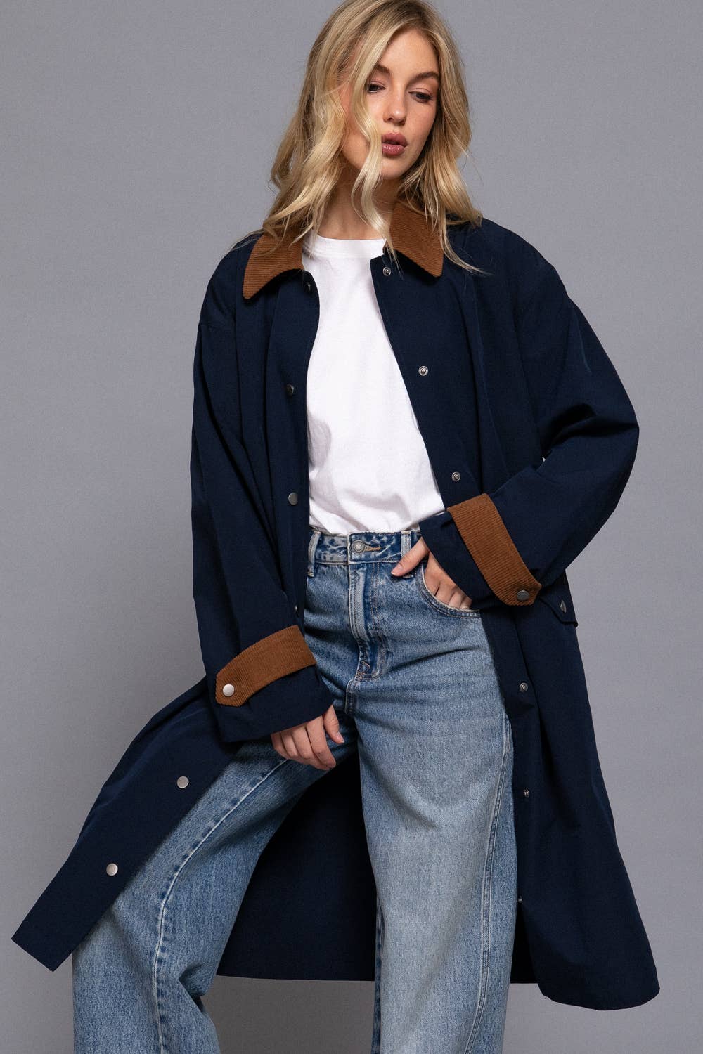 Contrast Collar Trench Coat: Navy
