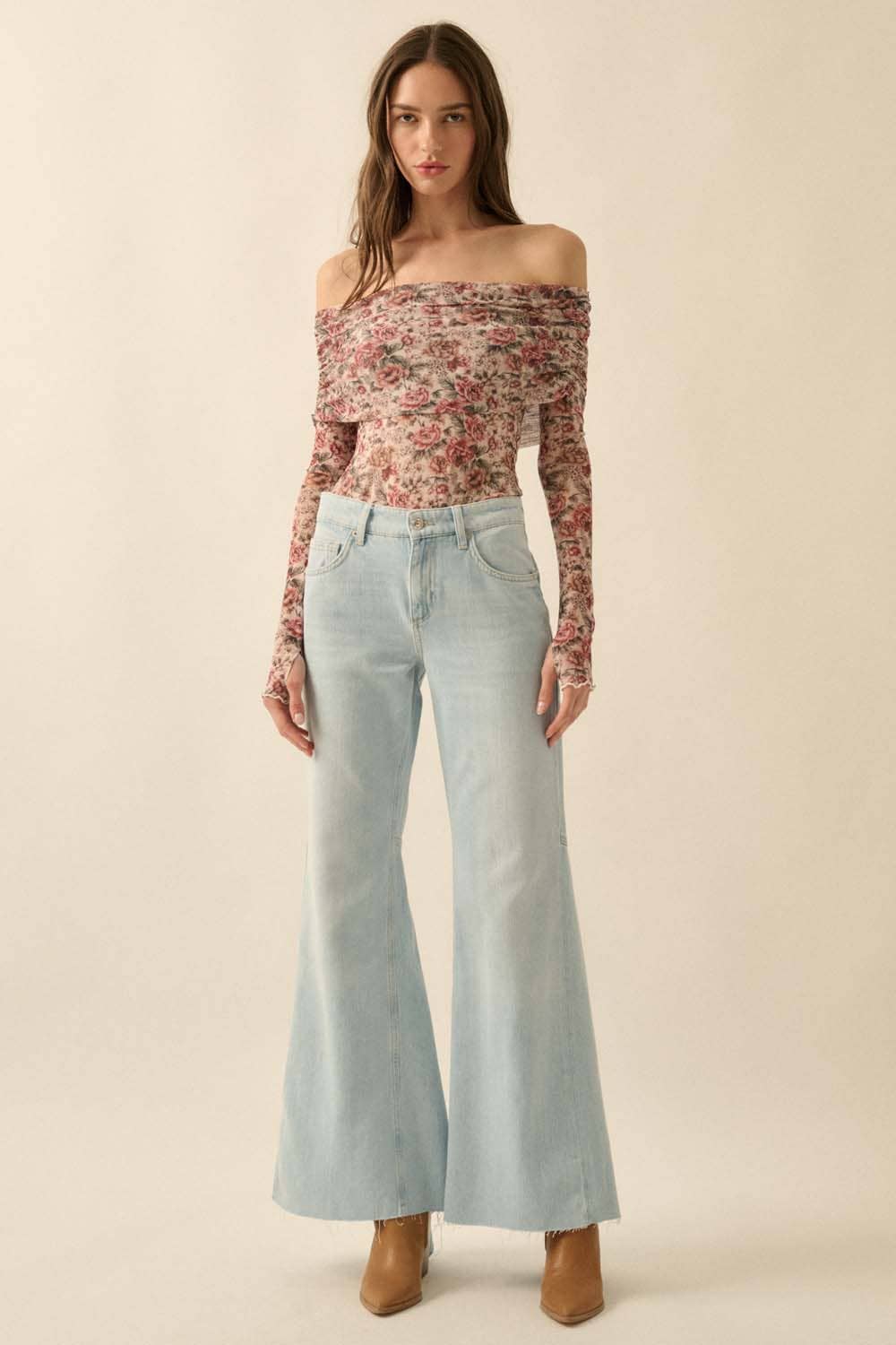 Floral Mesh Bodysuit: Cream