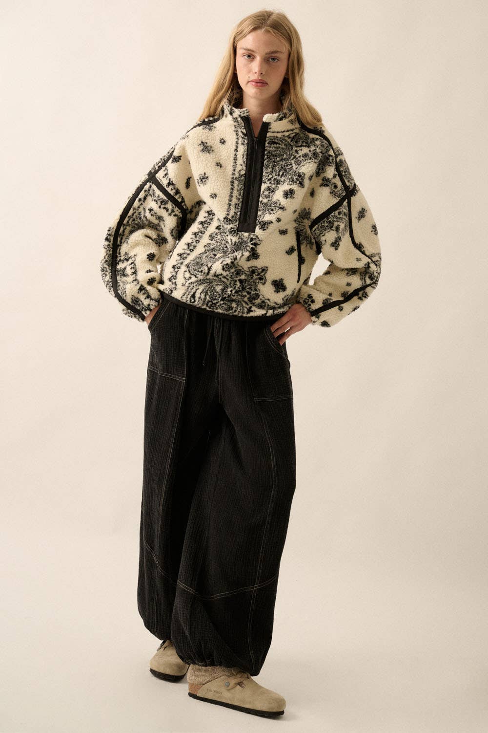 Paisley Fleece Pullover: Cream