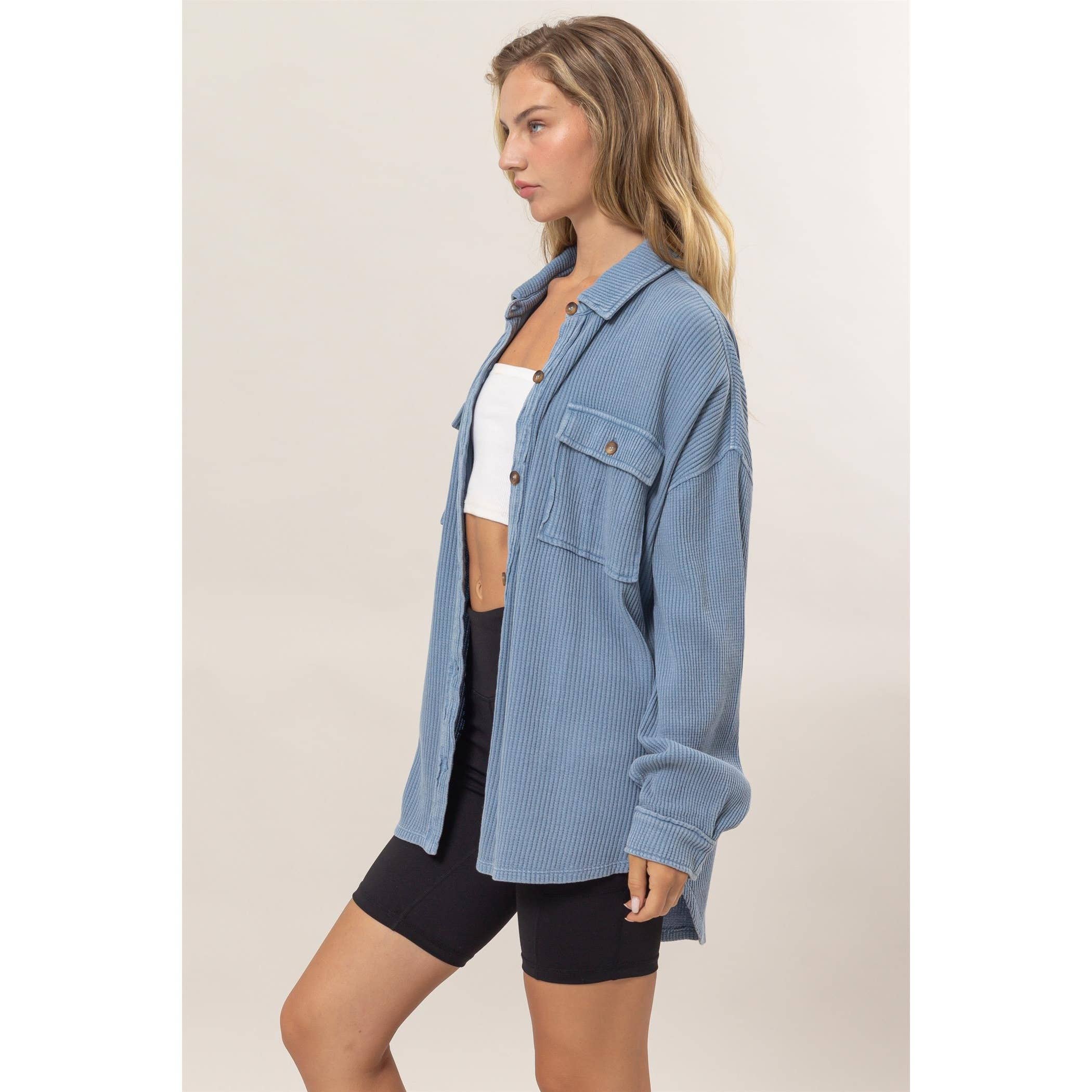 Waffle Shacket: Gray Blue