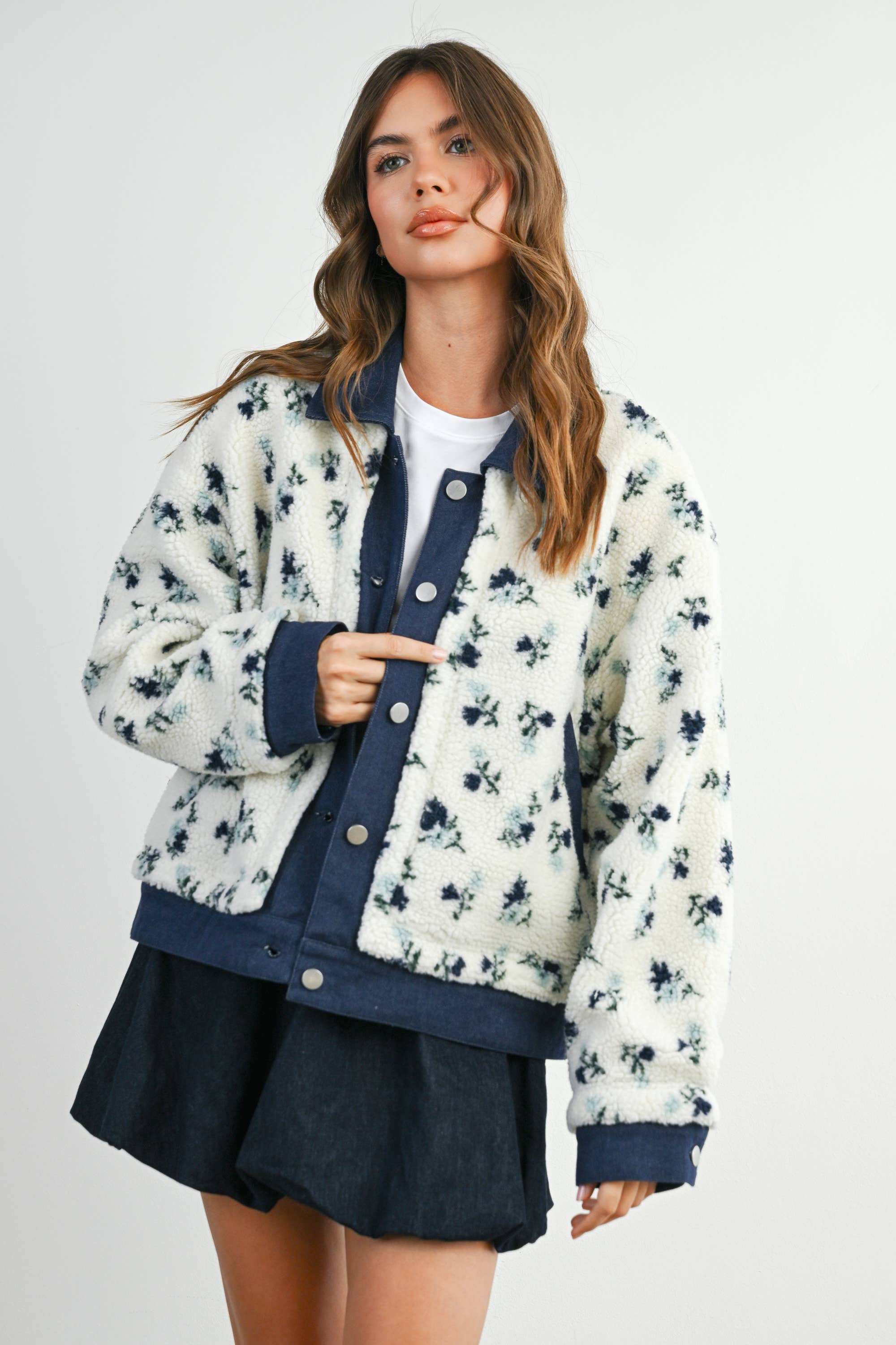Floral Button-Down Jacket - Navy
