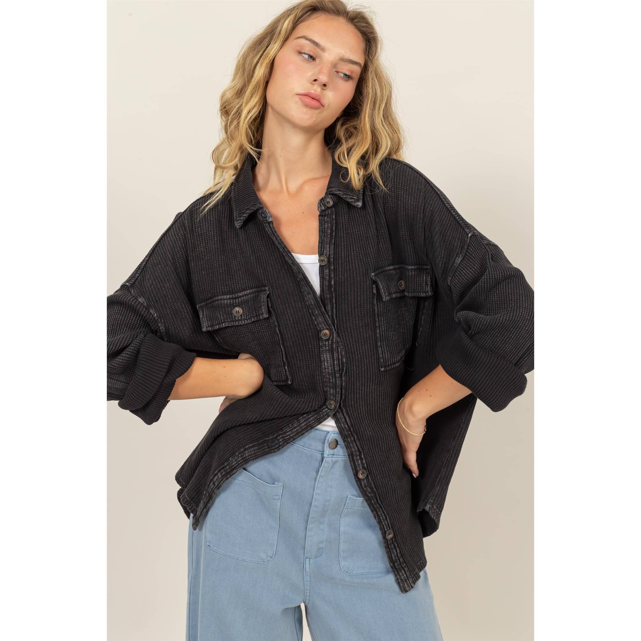 Waffle Shacket: Gray Blue