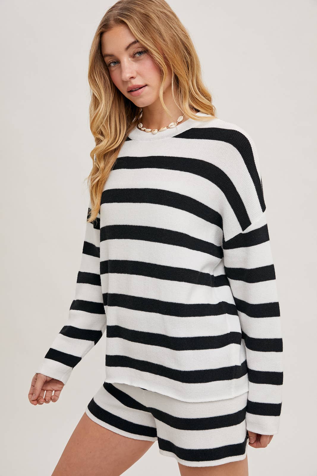 Striped Knit Pullover Set: Blue