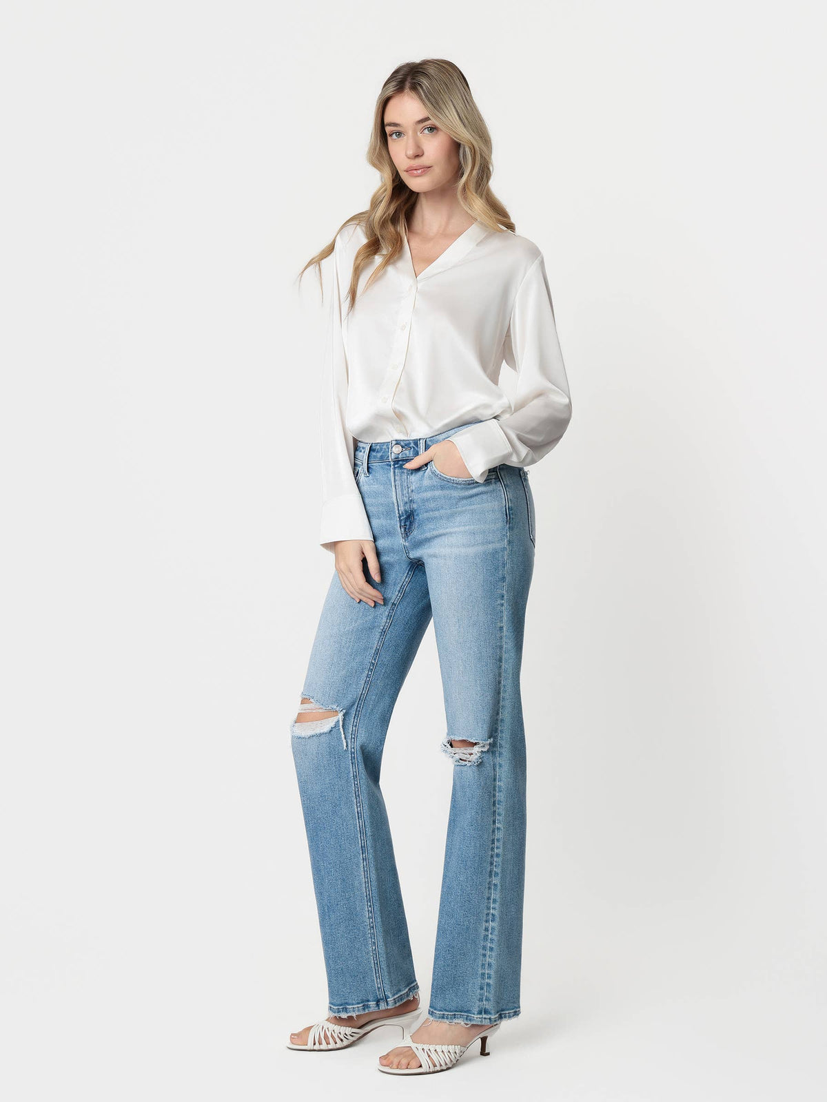 Light Distressed Slim Wide Leg Jeans