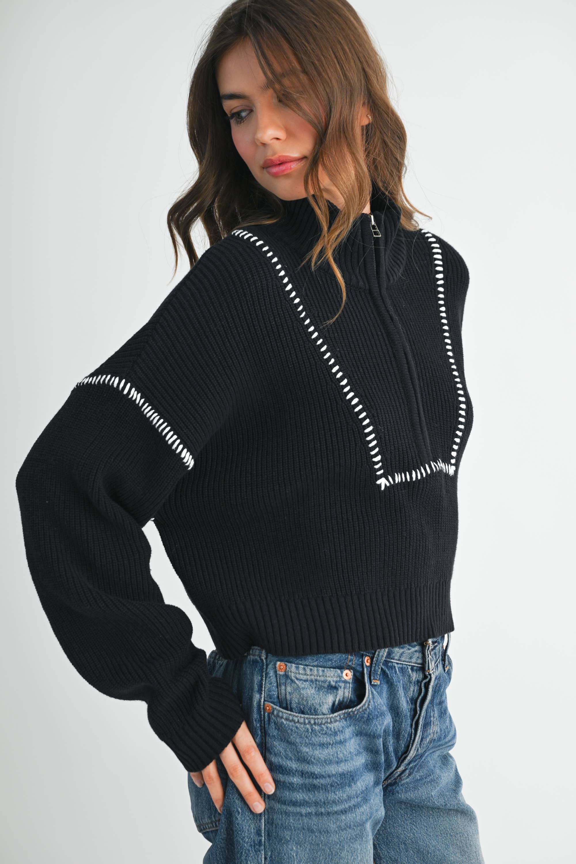 Contrast Stitch Sweater: Black