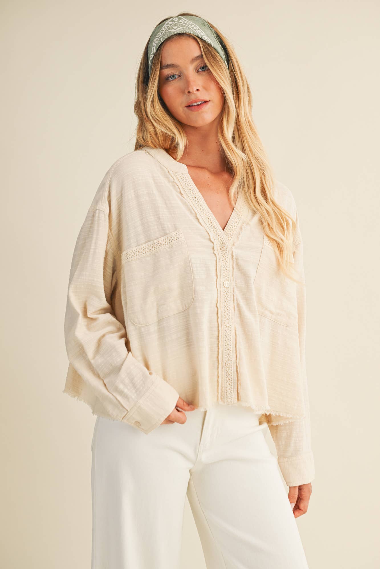Lace Trim Button-Down Shirt