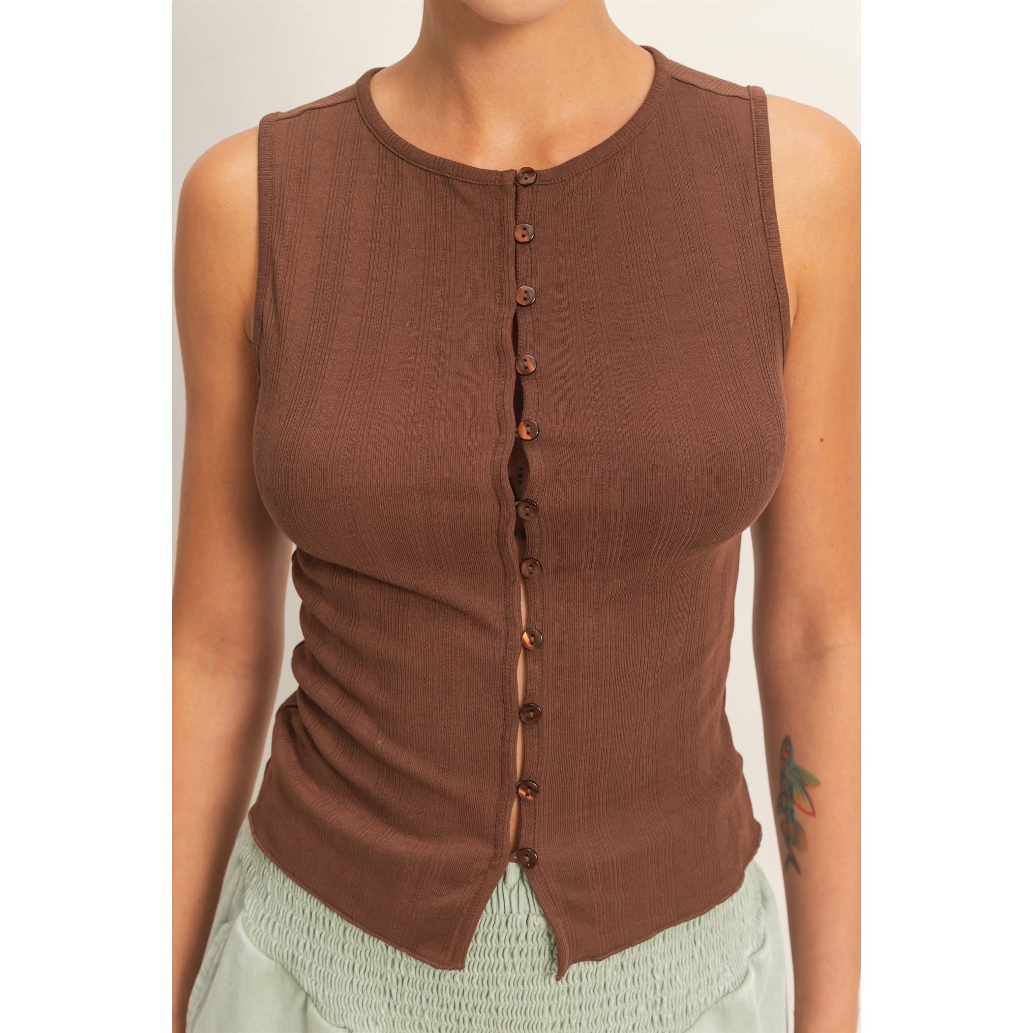 Pointelle Button Front Top: Chocolate