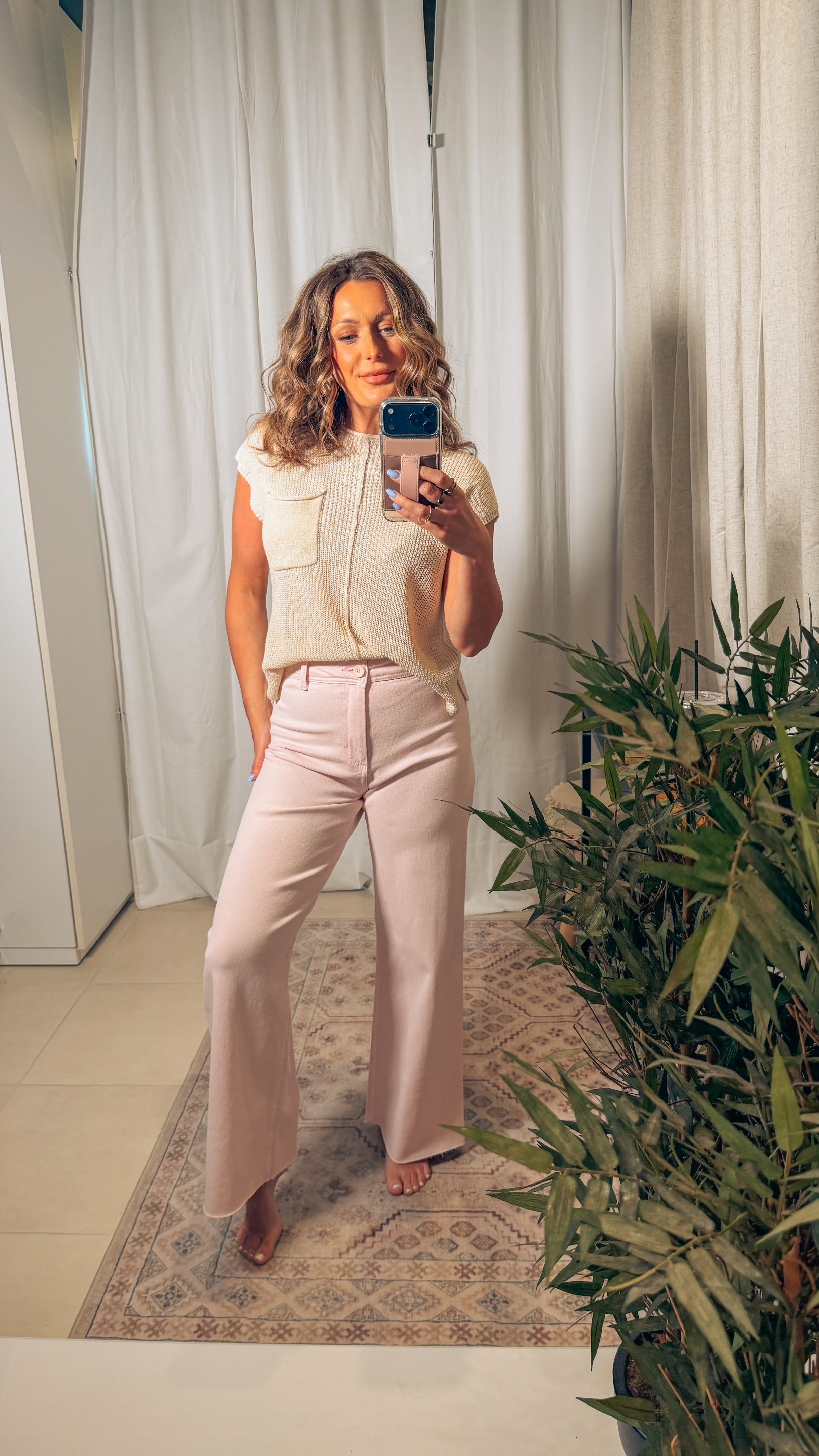 Wide Leg Denim Pants: Strawberry
