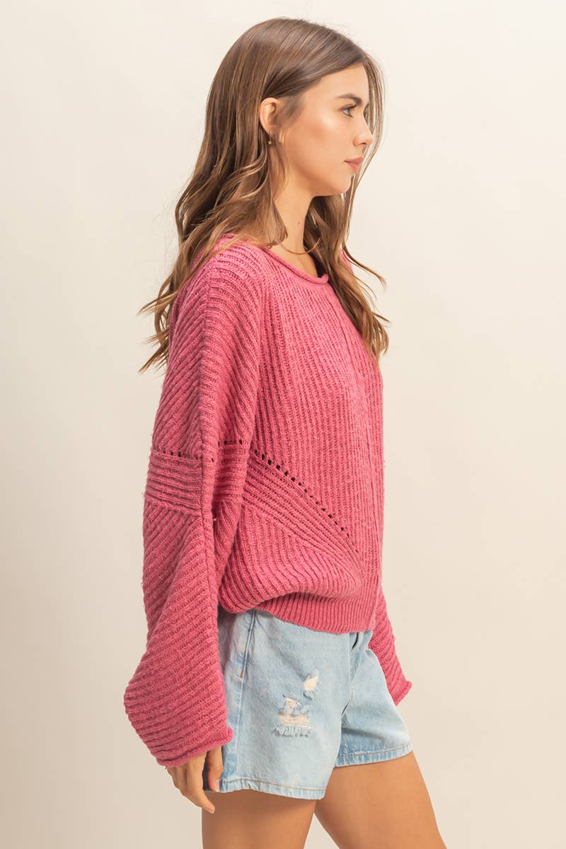 Ribbed Drop Sleeve Sweater:Rose