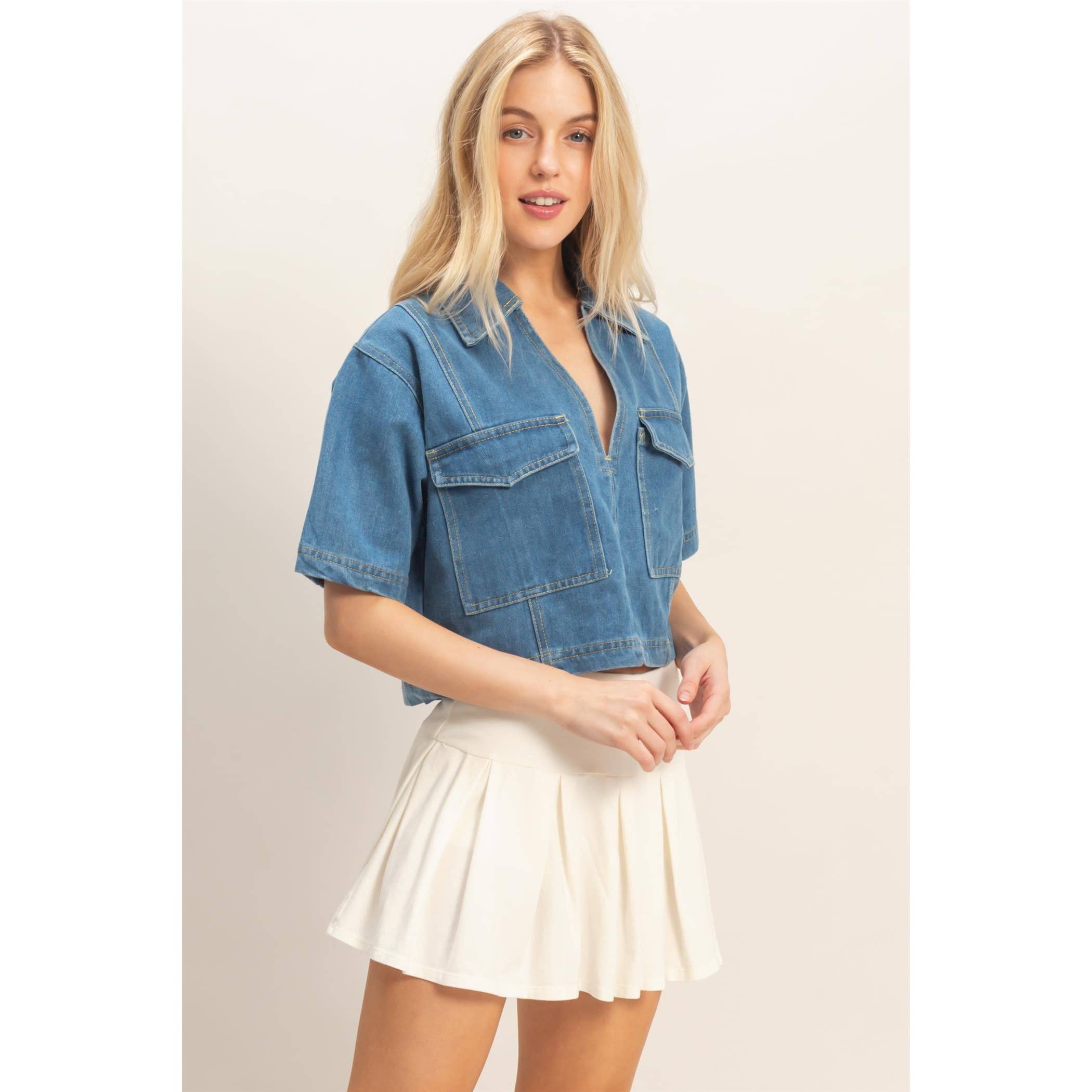 Denim V-Neck Cropped Top: