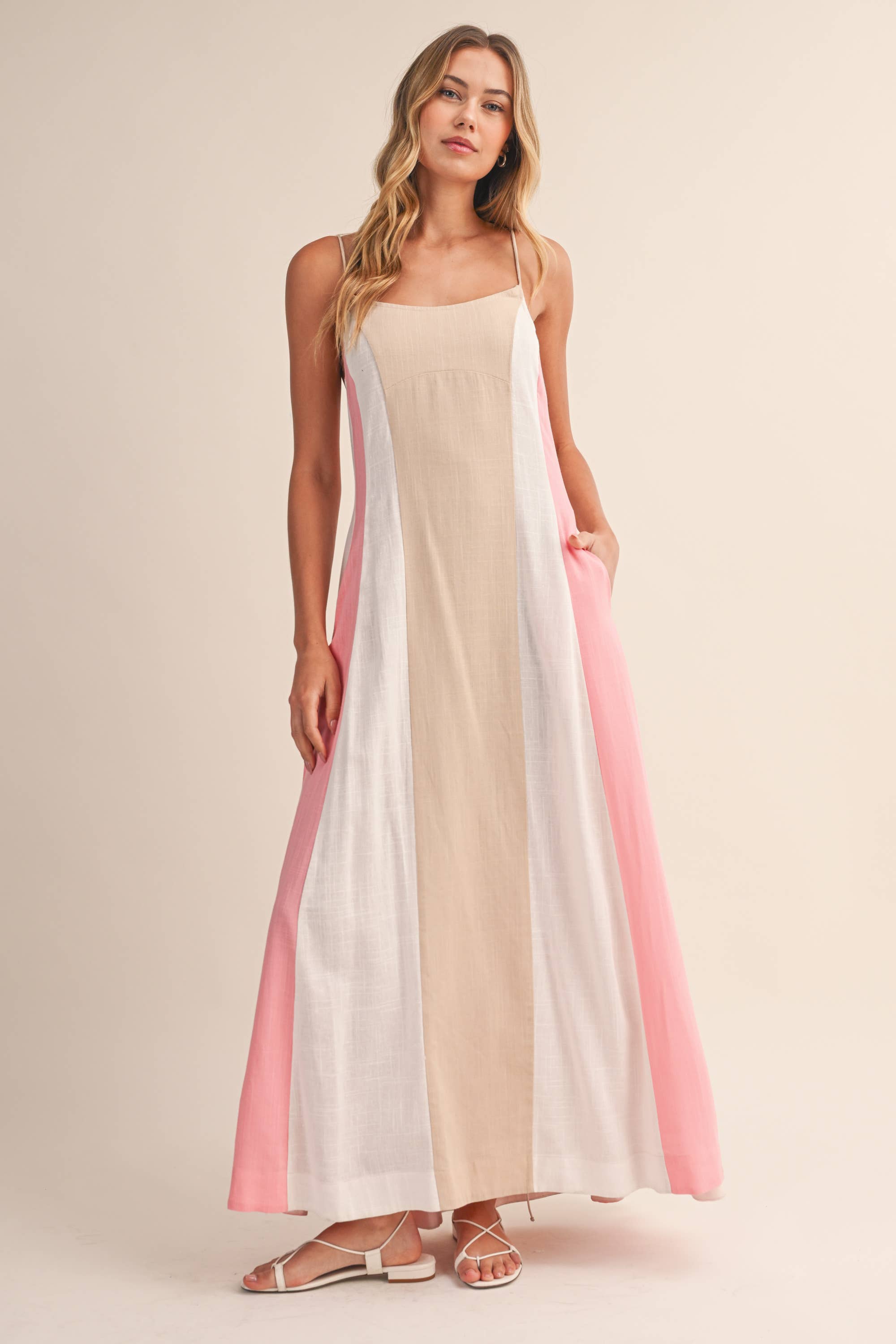 Color-Block Maxi Dress: Beige