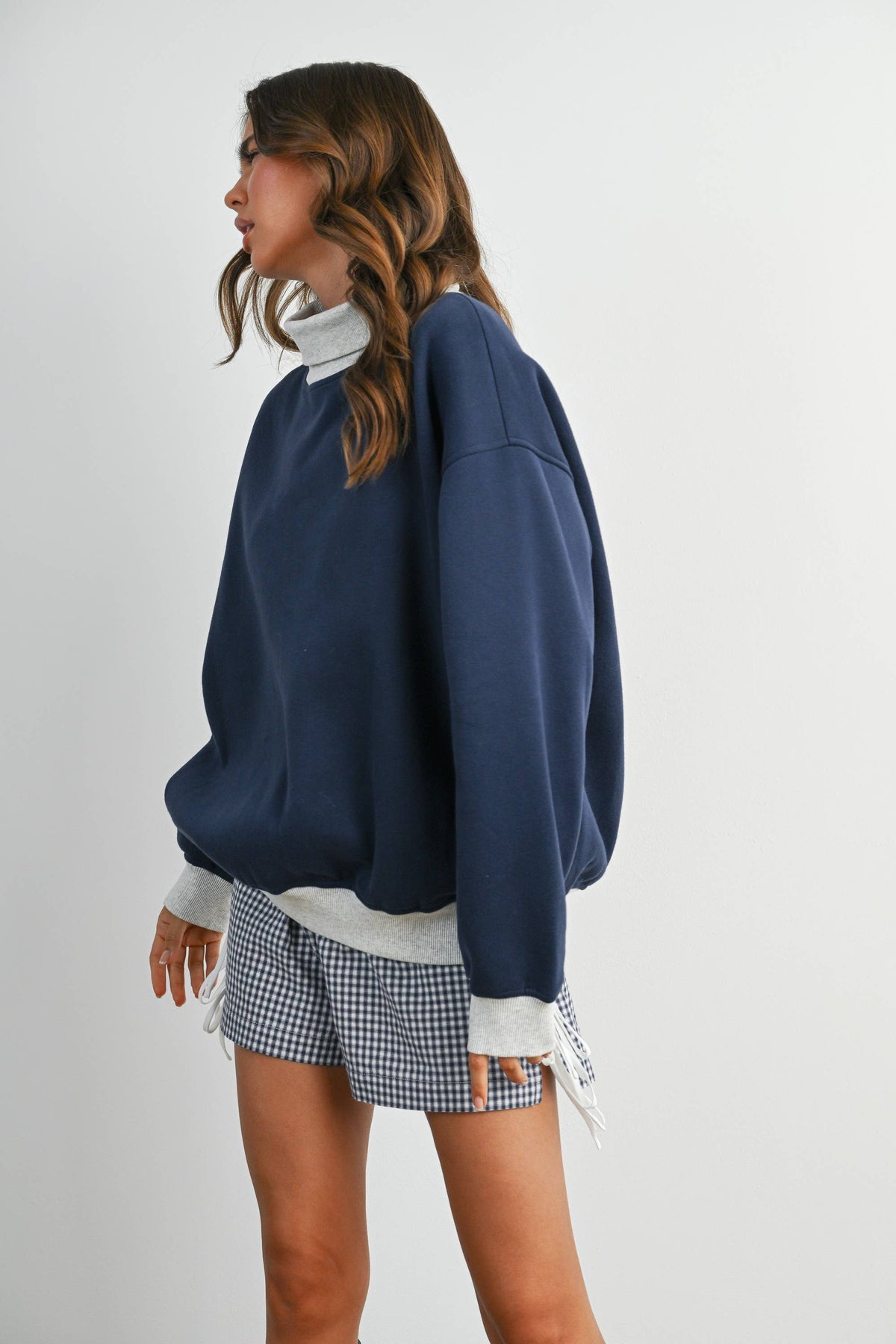Cozy Contrast Mockneck: Navy/Grey