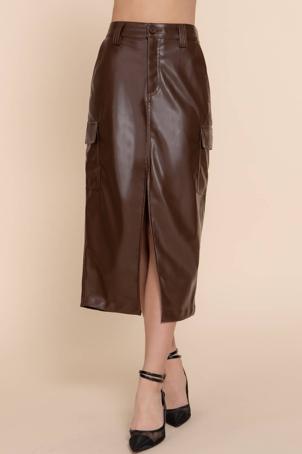 Faux Leather Cargo Skirt: Warm Brown