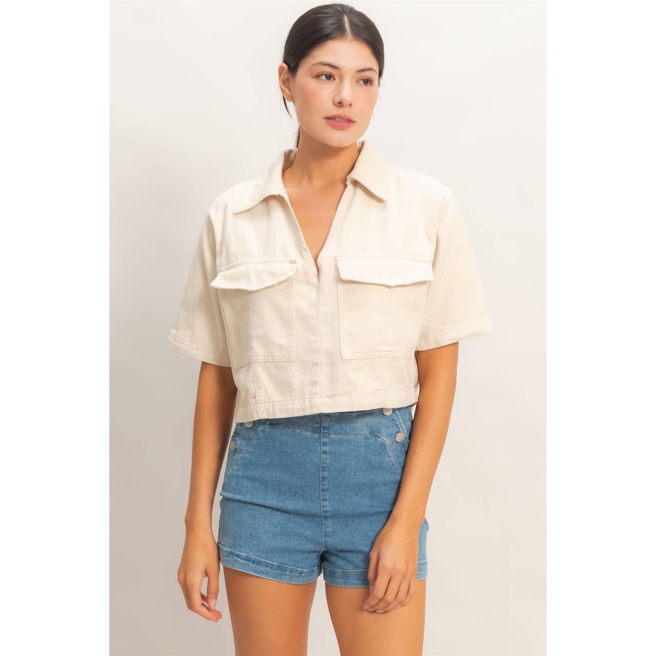 Collared V-Neck Top: Oatmeal